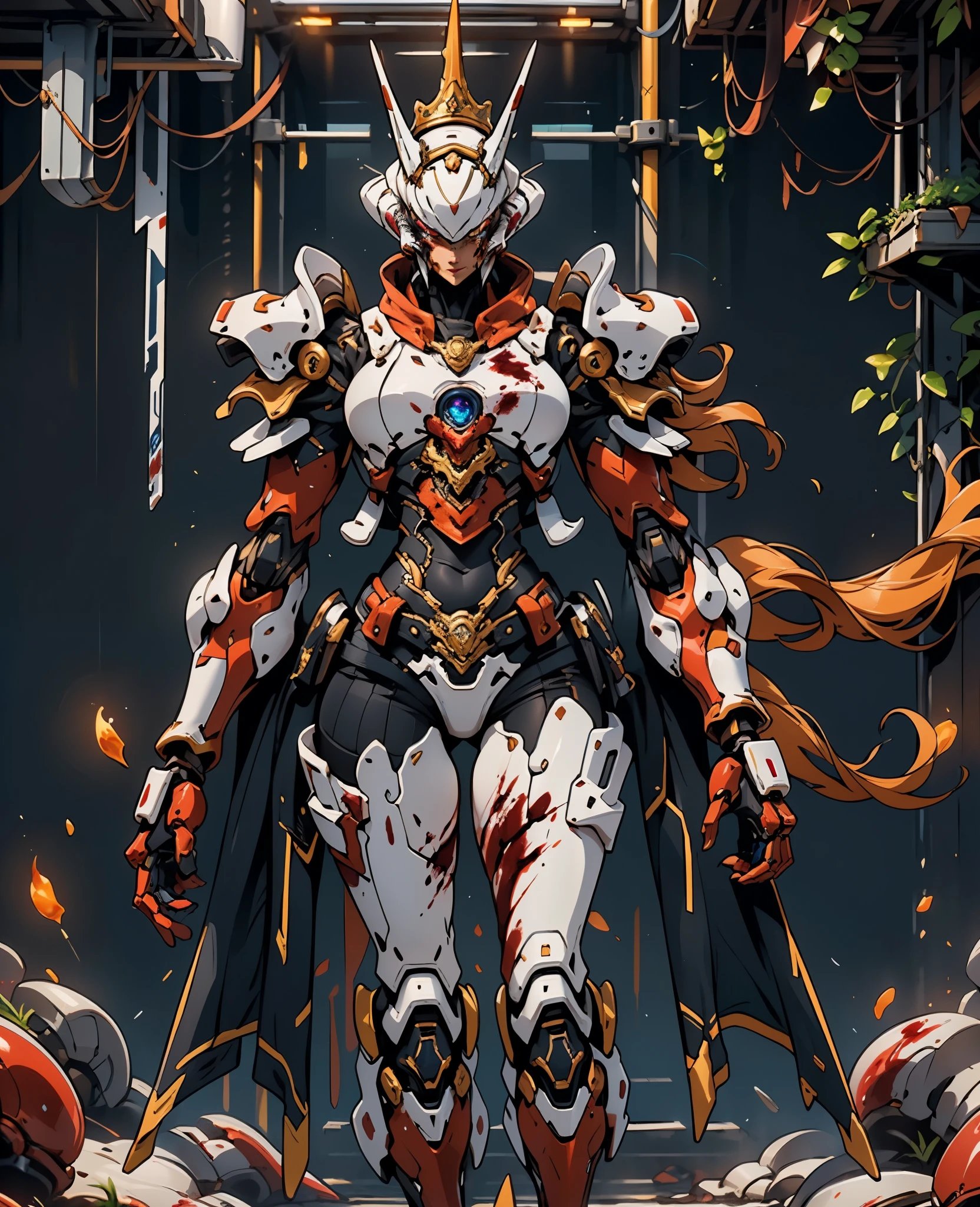 A woman adorned in fantasy-style full-body armor, a crown-concept fully enclosed helmet that unveils only her eyes, a composite layered chest plate, fully encompassing shoulder and hand guards, a lightweight waist armor, form-fitting shin guards, the overall design is heavy-duty yet flexible, the armor gleams with a golden glow, complemented by red and blue accents, exhibiting a noble aura, she floats above a fantasy-surreal high-tech city, this character embodies a finely crafted fantasy-surreal style armored hero in anime style, exquisite and mature manga art style, Queen Bee Concept Armor, (plasma, blood), ((bio mecha, long legs, elegant, goddess, femminine:1.5)), metallic, high definition, best quality, highres, ultra-detailed, ultra-fine painting, extremely delicate, professional, anatomically correct, symmetrical face, extremely detailed eyes and face, high quality eyes, creativity, RAW photo, UHD, 32k, Natural light, cinematic lighting, masterpiece-anatomy-perfect, masterpiece:1.5