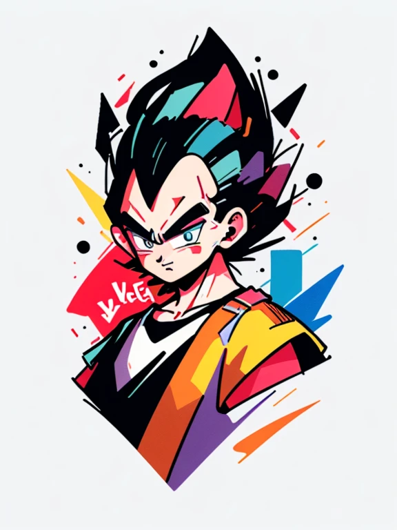 ((sticker-style illustration for T-shirt print with 1man, minimalism, Vegeta from dragon ball, akira toriyama style)), simple background, clean:0.9, lineart, vector, colors should be vibrant and vivid, with a harmonious color palette. UPPER BODY, fashion cloths, model,
