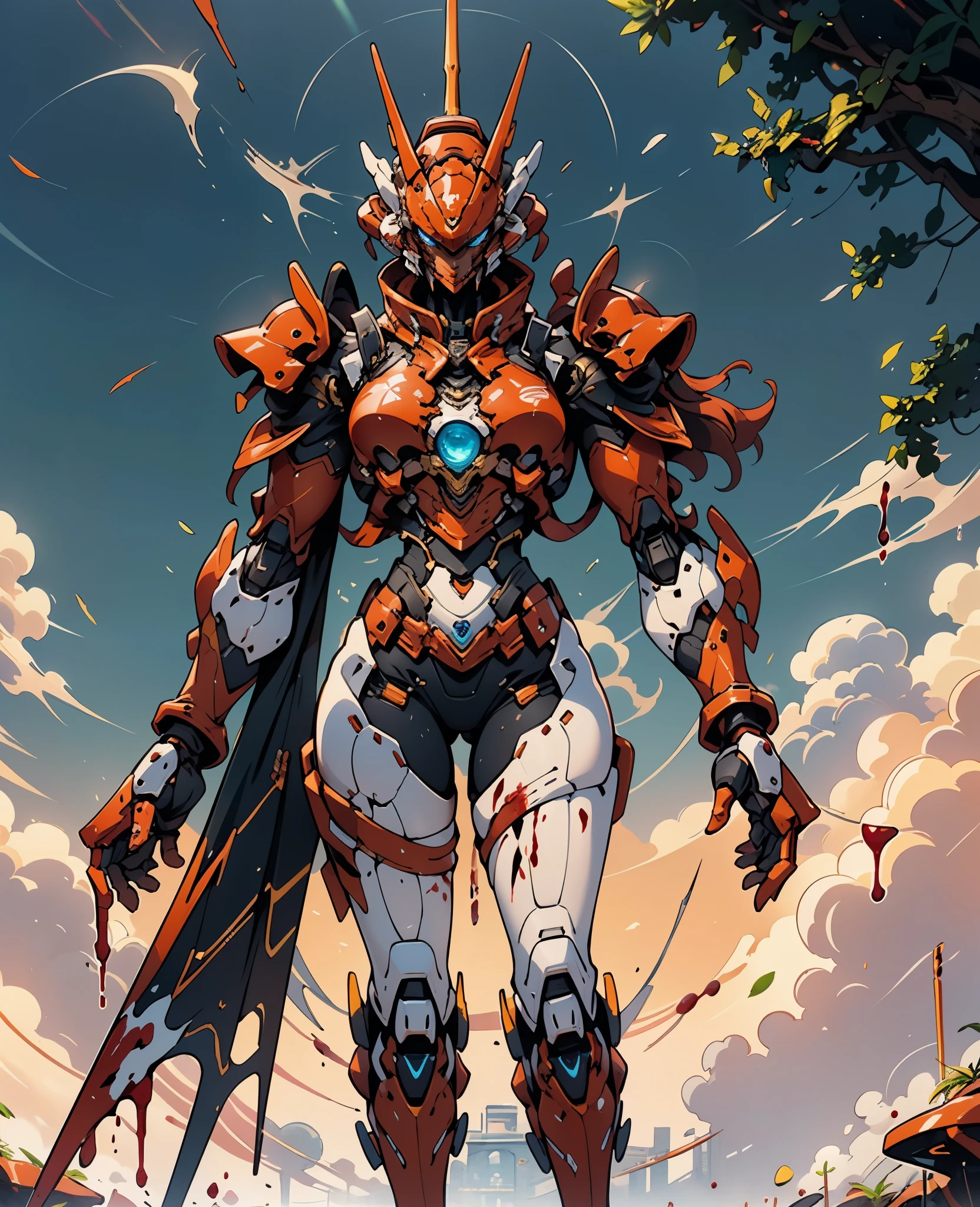 A woman adorned in fantasy-style full-body armor, a crown-concept fully enclosed helmet that unveils only her eyes, a composite layered chest plate, fully encompassing shoulder and hand guards, a lightweight waist armor, form-fitting shin guards, the overall design is heavy-duty yet flexible, the armor gleams with a golden glow, complemented by red and blue accents, exhibiting a noble aura, she floats above a fantasy-surreal high-tech city, this character embodies a finely crafted fantasy-surreal style armored hero in anime style, exquisite and mature manga art style, Queen Bee Concept Armor, (plasma, blood), ((bio mecha, long legs, elegant, goddess, femminine:1.5)), metallic, high definition, best quality, highres, ultra-detailed, ultra-fine painting, extremely delicate, professional, anatomically correct, symmetrical face, extremely detailed eyes and face, high quality eyes, creativity, RAW photo, UHD, 32k, Natural light, cinematic lighting, masterpiece-anatomy-perfect, masterpiece:1.5