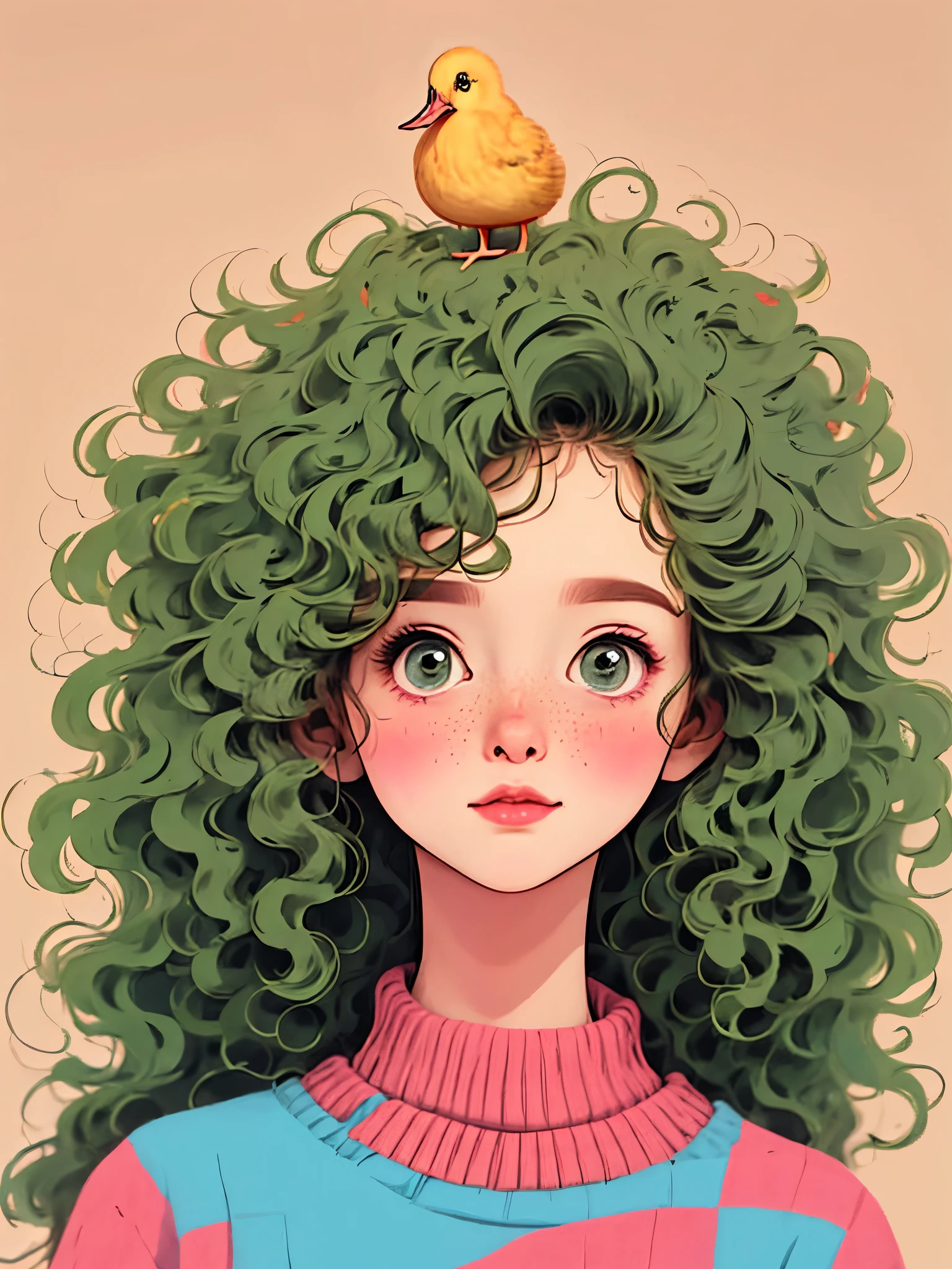 (best quality,4K,8k,high resolution,masterpiece:1.2),Super detailed,(actual,photoactual,photo-actual:1.37),Unique style,Lovely girl sitting,Exaggerated hair,fluffy hair,small freckles,exaggerated expression,Surrealism,Duck egg green polka dot sweater,detail,horsehair,fluffy,sock,clean background,hand drawn style,pencil drawing,Lovely,smooth lines,Clean silhouette,clean composition