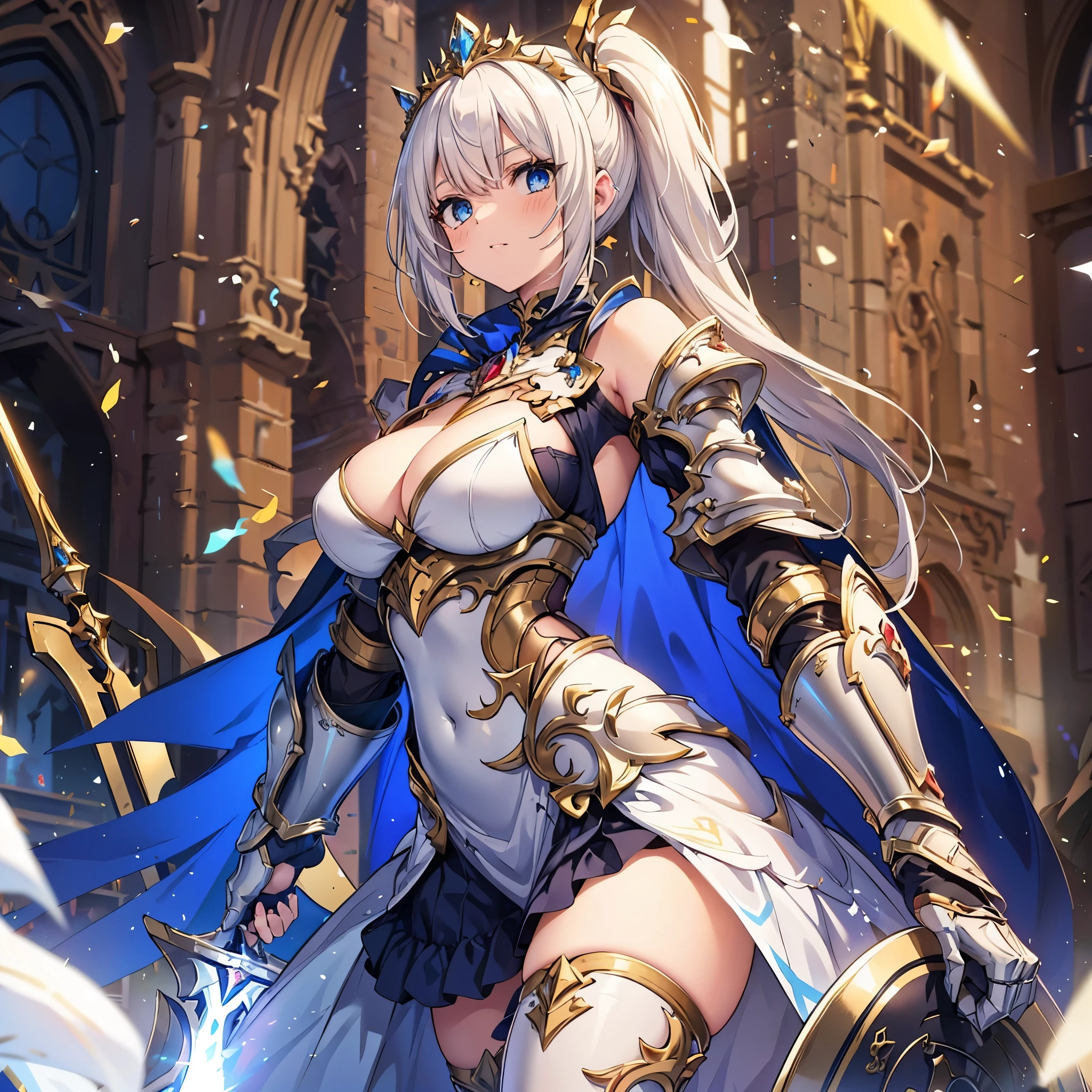 (masterpiece), best quality, fantasy art, 1girl, (solo:1.5), a female knight in metal armor with gold decoration holding a huge lance and a shield, blue_dress, white_armor,cropped shoulders armor, plate armor, armor dress,gauntlets, white hair,side_ponytail, long hair, blue_eyes, ruby tiara, cleavage, thighs, thighhighs, weapeon, melee_weapons, shield, vivid color,Combat stance using a lance