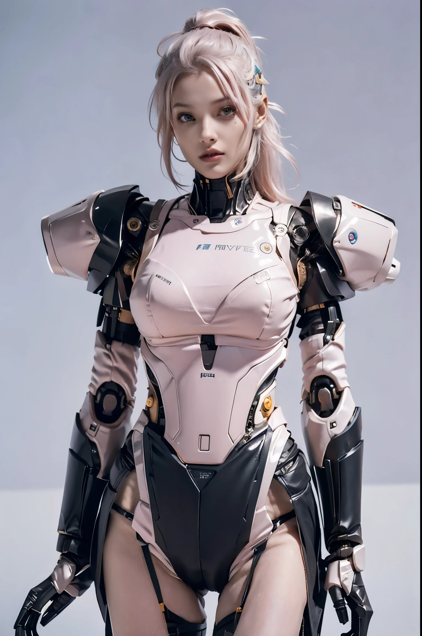 Beautiful girl in cyber mecha armor, cute girl cyborg, cybersuits, Cyborghinoid body, perfect robot girl, pink hair, blue eyes, Portrait of a Japanese ager, (Realistic face details), complicated details, very high details, Realistic photos, 8k, UHD, hyperspace,