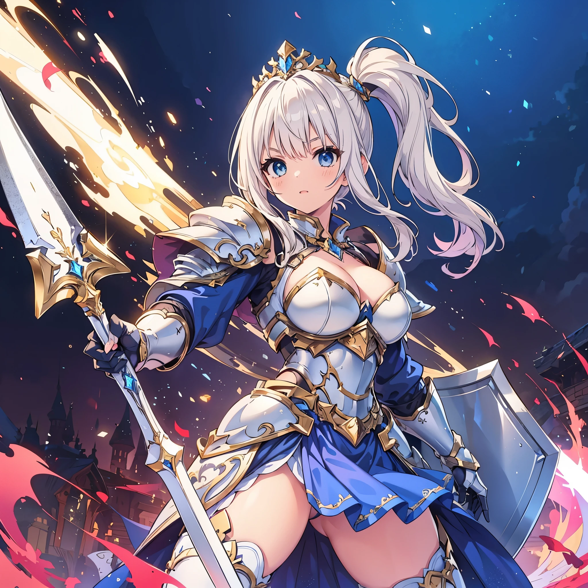(masterpiece), best quality, fantasy art, 1girl, (solo:1.5), a female knight in metal armor with gold decoration holding a huge lance and a shield, blue_dress, white_armor,cropped shoulders armor, plate armor, armor dress,gauntlets, white hair,side_ponytail, long hair, blue_eyes, ruby tiara, cleavage, thighs, thighhighs, weapeon, melee_weapons, shield, vivid color,Combat stance using a lance