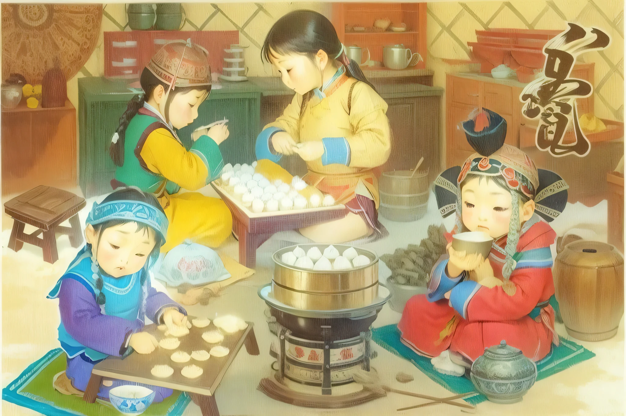 mongolian girls making dumplings