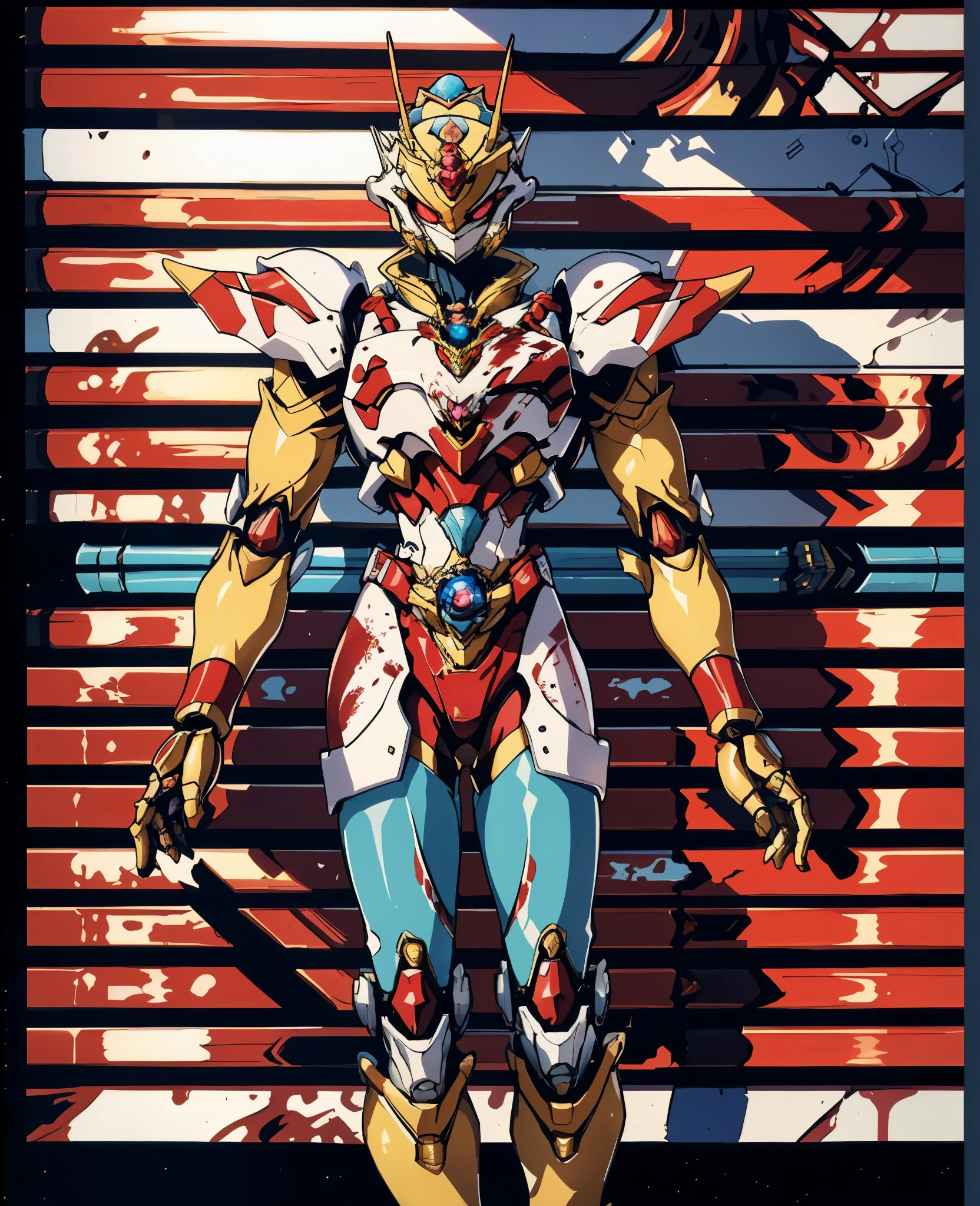 A woman adorned in fantasy-style full-body armor, a crown-concept fully enclosed helmet that unveils only her eyes, a composite layered chest plate, fully encompassing shoulder and hand guards, a lightweight waist armor, form-fitting shin guards, the overall design is heavy-duty yet flexible, the armor gleams with a golden glow, complemented by red and blue accents, exhibiting a noble aura, she floats above a fantasy-surreal high-tech city, this character embodies a finely crafted fantasy-surreal style armored hero in anime style, exquisite and mature manga art style, Queen Bee Concept Armor, (plasma, blood), ((bio mecha, long legs, elegant, goddess, femminine:1.5)), metallic, high definition, best quality, highres, ultra-detailed, ultra-fine painting, extremely delicate, professional, anatomically correct, symmetrical face, extremely detailed eyes and face, high quality eyes, creativity, RAW photo, UHD, 32k, Natural light, cinematic lighting, masterpiece-anatomy-perfect, masterpiece:1.5