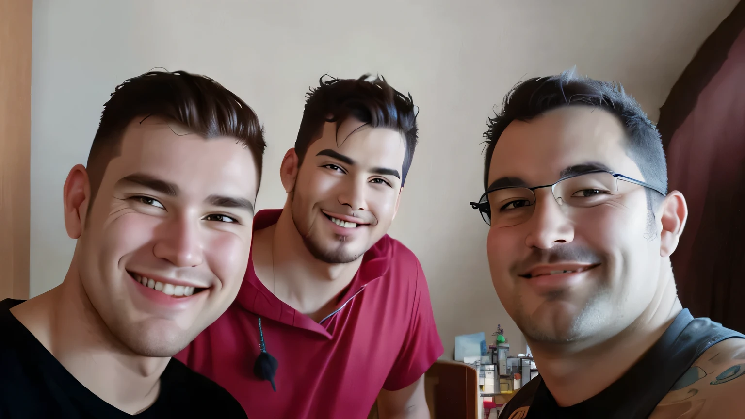 Three distinct men in cartoon style, caricatura: o primeiro alto e magro, com cabelo espetado, wearing a t-shirt and skinny pants; the second of medium height, robusto, com cabelo curto e barba por fazer, vestindo uma jaqueta de couro e jeans; o terceiro curta, com cabelo ruivo e barba, in a colorful sweater and shorts. Plano de fundo de uma cidade animada, com cores vibrantes e alegres, inspirado em Chuck Jones, Avery Tex, e Genndy Tartakovsky.