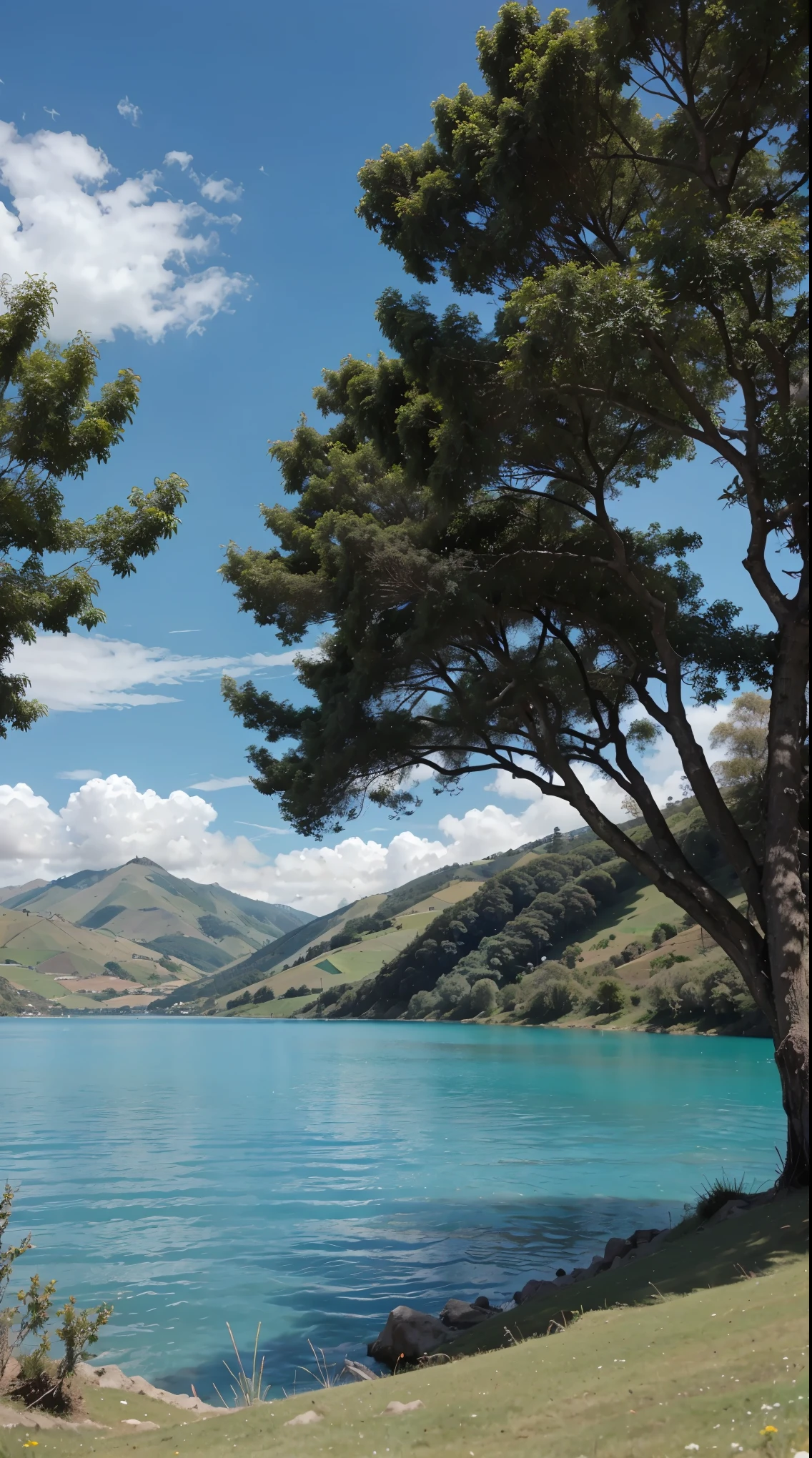 Paisaje, cielo azul, cielo despejado, sin nubes, arboles al fondo, lago, pasto, 