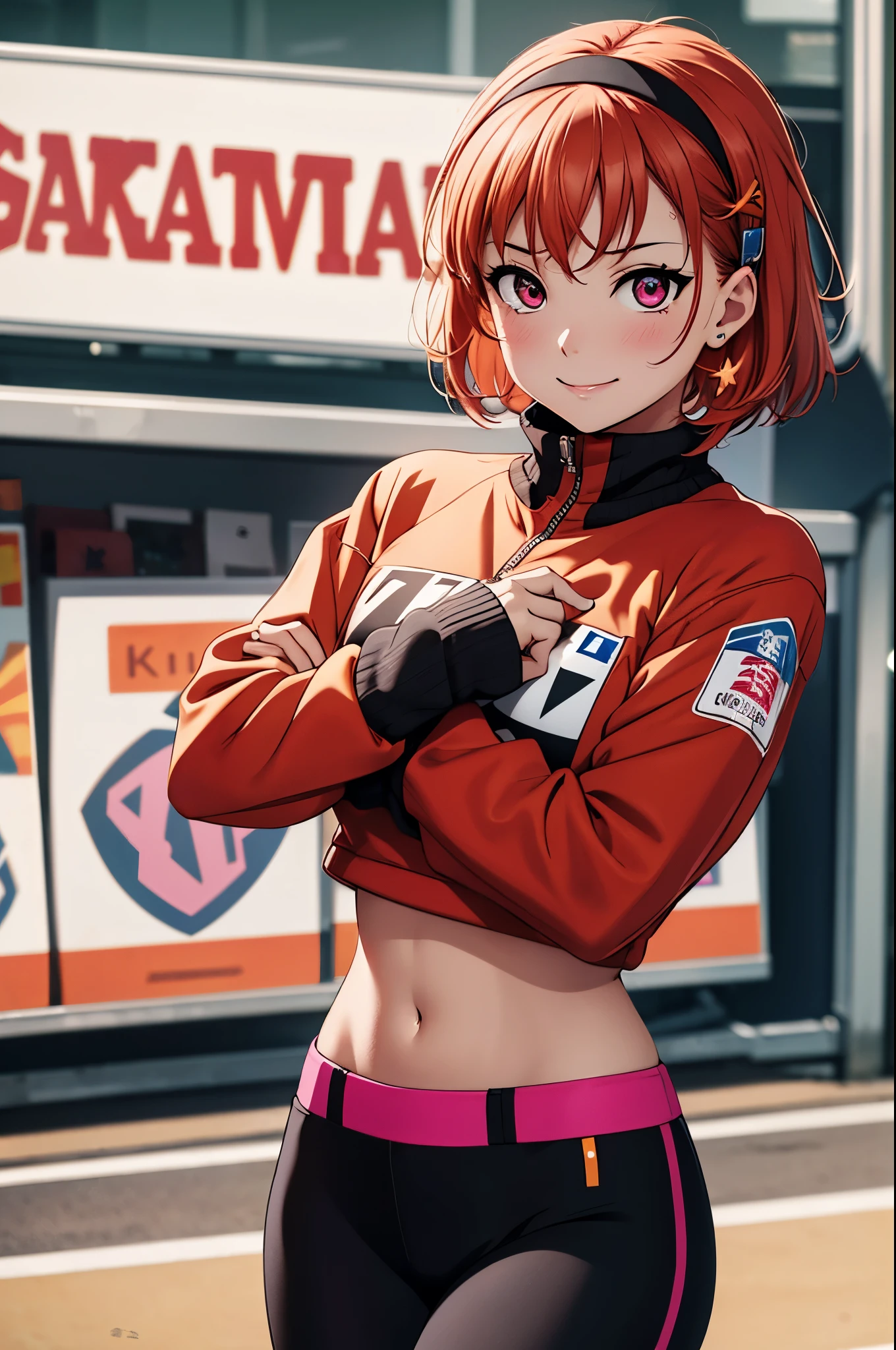 (best quality,4k,8k,highres,masterpiece:1.2),ultra-detailed,takami chika, pink eyes, red sweatshirt , midriff,yoga leggings, headband, long sleeves,black fingerless gloves, standing ,cowboy shot, hair ornamen , short hair , smile 