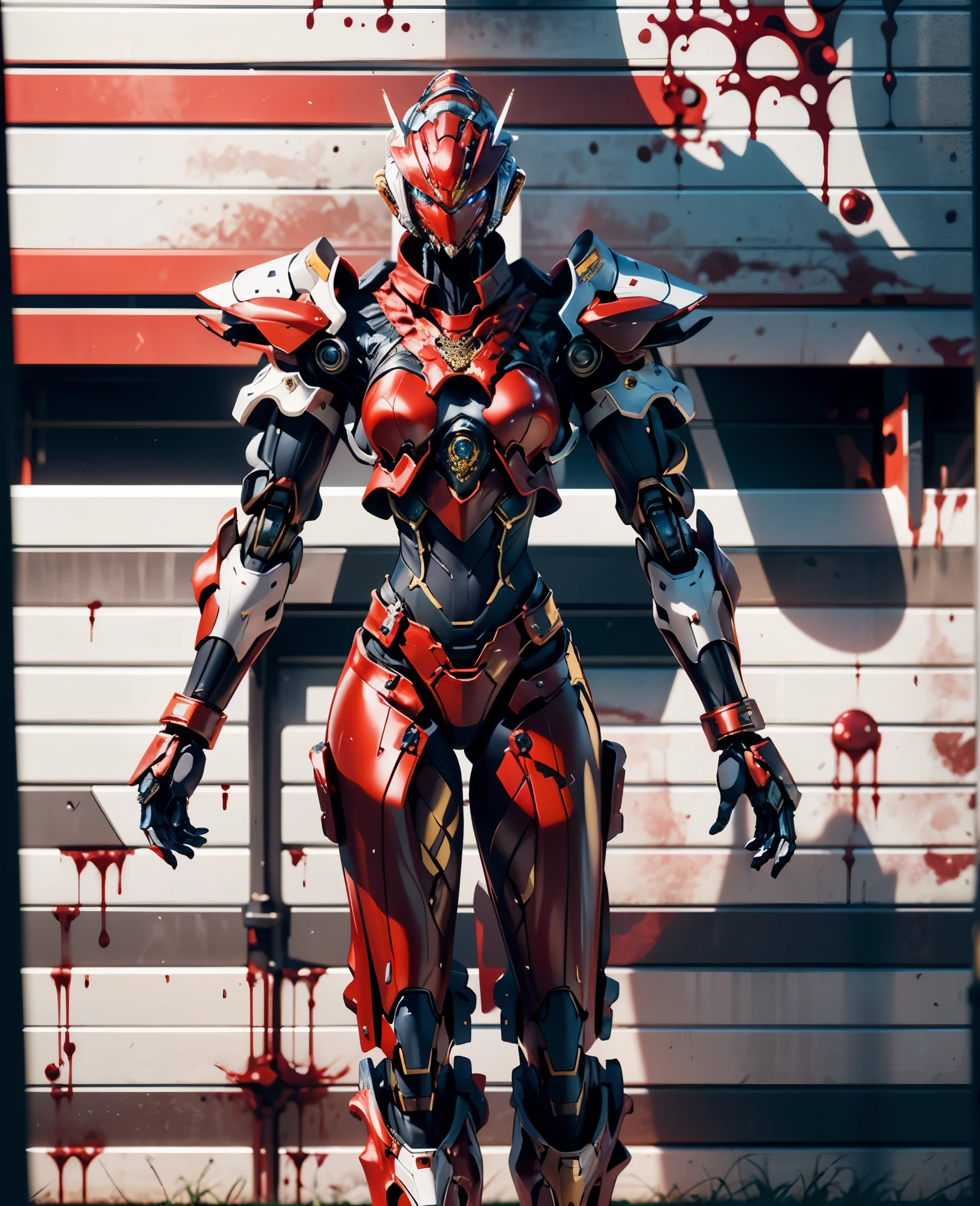 A woman adorned in fantasy-style full-body armor, a crown-concept fully enclosed helmet that unveils only her eyes, a composite layered chest plate, fully encompassing shoulder and hand guards, a lightweight waist armor, form-fitting shin guards, the overall design is heavy-duty yet flexible, the armor gleams with a golden glow, complemented by red and blue accents, exhibiting a noble aura, she floats above a fantasy-surreal high-tech city, this character embodies a finely crafted fantasy-surreal style armored hero in anime style, exquisite and mature manga art style, Queen Bee Concept Armor, (plasma, blood), ((bio mecha, long legs, elegant, goddess, femminine:1.5)), metallic, high definition, best quality, highres, ultra-detailed, ultra-fine painting, extremely delicate, professional, anatomically correct, symmetrical face, extremely detailed eyes and face, high quality eyes, creativity, RAW photo, UHD, 32k, Natural light, cinematic lighting, masterpiece-anatomy-perfect, masterpiece:1.5