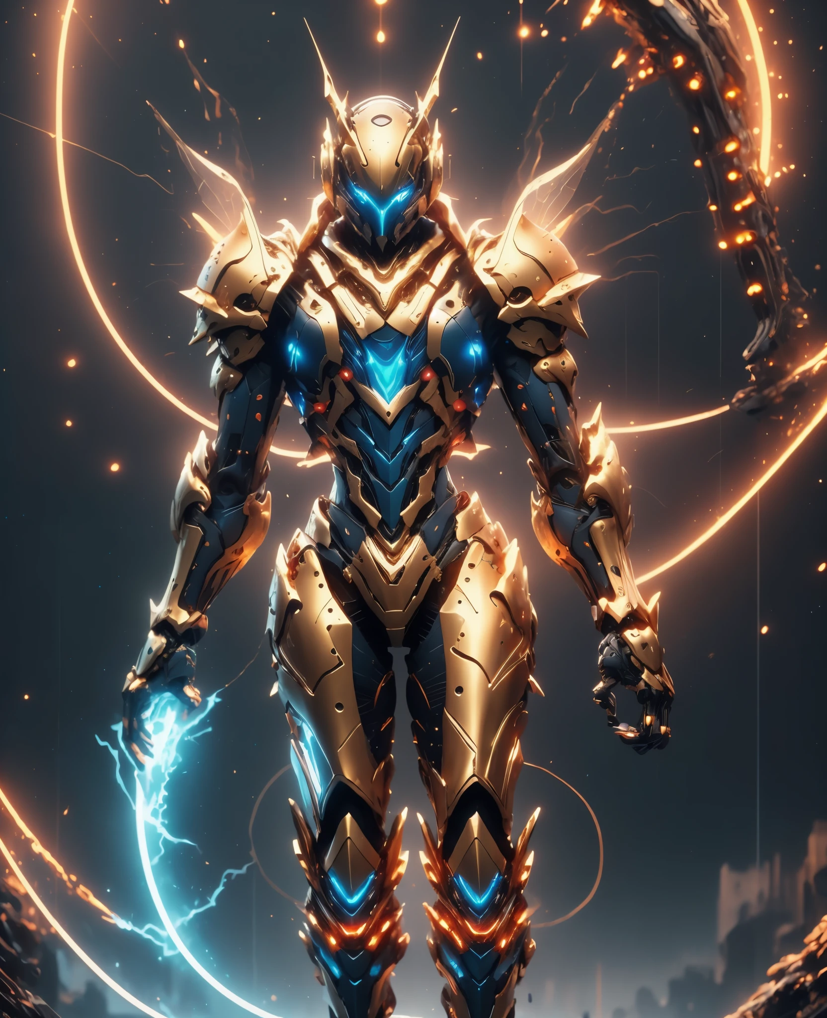 A woman adorned in fantasy-style full-body armor, a crown-concept fully enclosed helmet that unveils only her eyes, a composite layered chest plate, fully encompassing shoulder and hand guards, a lightweight waist armor, form-fitting shin guards, the overall design is heavy-duty yet flexible, the armor gleams with a golden glow, complemented by red and blue accents, exhibiting a noble aura, she floats above a fantasy-surreal high-tech city, this character embodies a finely crafted fantasy-surreal style armored hero in anime style, exquisite and mature manga art style, Queen Bee Concept Armor, (plasma, blood), ((bio mecha, long legs, elegant, goddess, femminine:1.5)), metallic, high definition, best quality, highres, ultra-detailed, ultra-fine painting, extremely delicate, professional, anatomically correct, symmetrical face, extremely detailed eyes and face, high quality eyes, creativity, RAW photo, UHD, 32k, Natural light, cinematic lighting, masterpiece-anatomy-perfect, masterpiece:1.5