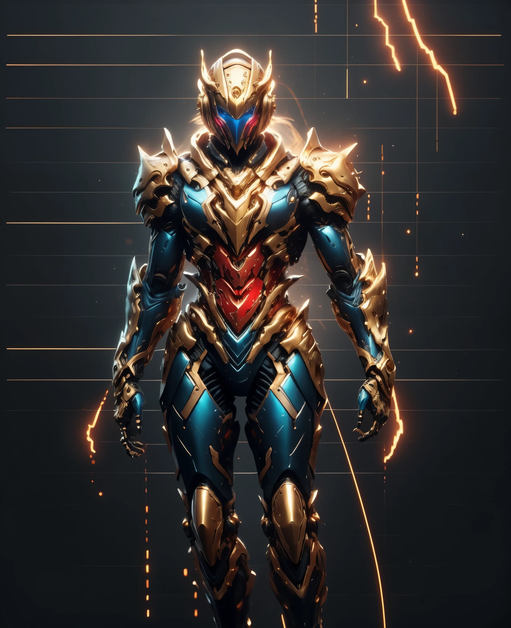 A woman adorned in fantasy-style full-body armor, a crown-concept fully enclosed helmet that unveils only her eyes, a composite layered chest plate, fully encompassing shoulder and hand guards, a lightweight waist armor, form-fitting shin guards, the overall design is heavy-duty yet flexible, the armor gleams with a golden glow, complemented by red and blue accents, exhibiting a noble aura, she floats above a fantasy-surreal high-tech city, this character embodies a finely crafted fantasy-surreal style armored hero in anime style, exquisite and mature manga art style, Queen Bee Concept Armor, (plasma, blood), ((bio mecha, long legs, elegant, goddess, femminine:1.5)), metallic, high definition, best quality, highres, ultra-detailed, ultra-fine painting, extremely delicate, professional, anatomically correct, symmetrical face, extremely detailed eyes and face, high quality eyes, creativity, RAW photo, UHD, 32k, Natural light, cinematic lighting, masterpiece-anatomy-perfect, masterpiece:1.5