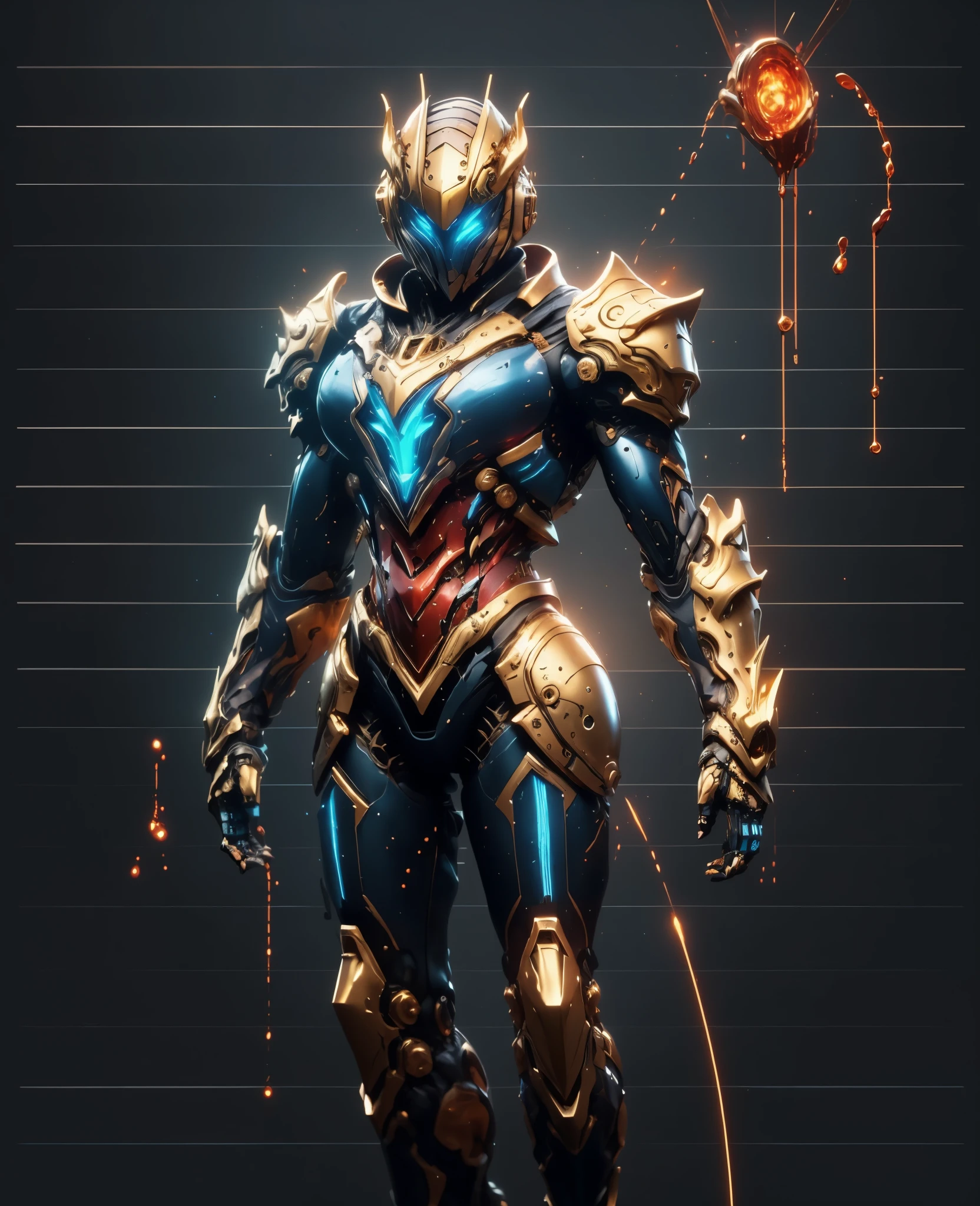 A woman adorned in fantasy-style full-body armor, a crown-concept fully enclosed helmet that unveils only her eyes, a composite layered chest plate, fully encompassing shoulder and hand guards, a lightweight waist armor, form-fitting shin guards, the overall design is heavy-duty yet flexible, the armor gleams with a golden glow, complemented by red and blue accents, exhibiting a noble aura, she floats above a fantasy-surreal high-tech city, this character embodies a finely crafted fantasy-surreal style armored hero in anime style, exquisite and mature manga art style, Queen Bee Concept Armor, (plasma, blood), ((bio mecha, long legs, elegant, goddess, femminine:1.5)), metallic, high definition, best quality, highres, ultra-detailed, ultra-fine painting, extremely delicate, professional, anatomically correct, symmetrical face, extremely detailed eyes and face, high quality eyes, creativity, RAW photo, UHD, 32k, Natural light, cinematic lighting, masterpiece-anatomy-perfect, masterpiece:1.5