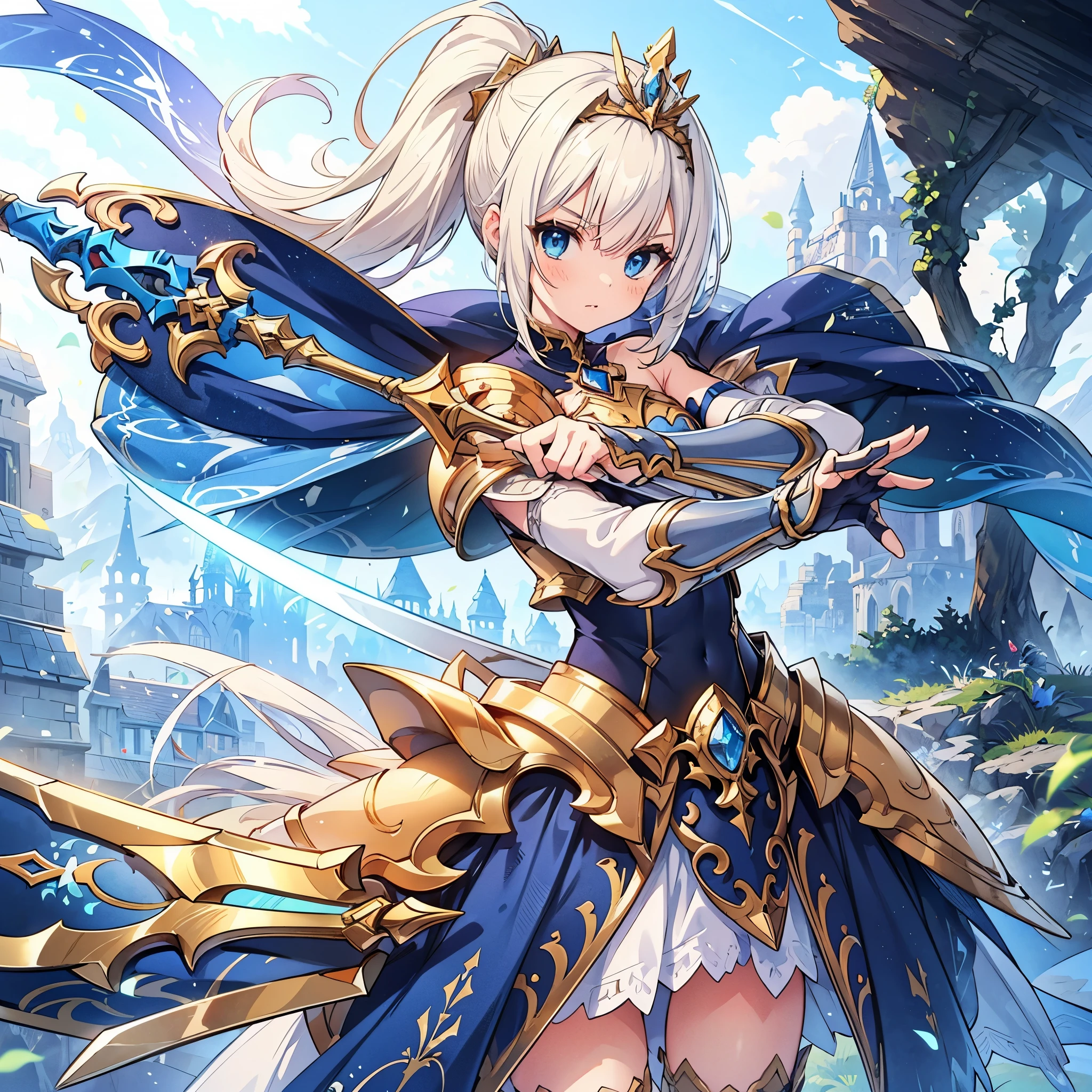 (masterpiece), best quality, fantasy art, 1girl, (solo:1.5), a female knight in metal armor with gold decoration holding a huge lance and a shield, blue_dress, white_armor,cropped shoulders armor, plate armor, armor dress,gauntlets, white hair,side_ponytail, long hair, blue_eyes, ruby tiara, cleavage, thighs, thighhighs, weapeon, melee_weapons, shield, vivid color,Combat stance using a lance