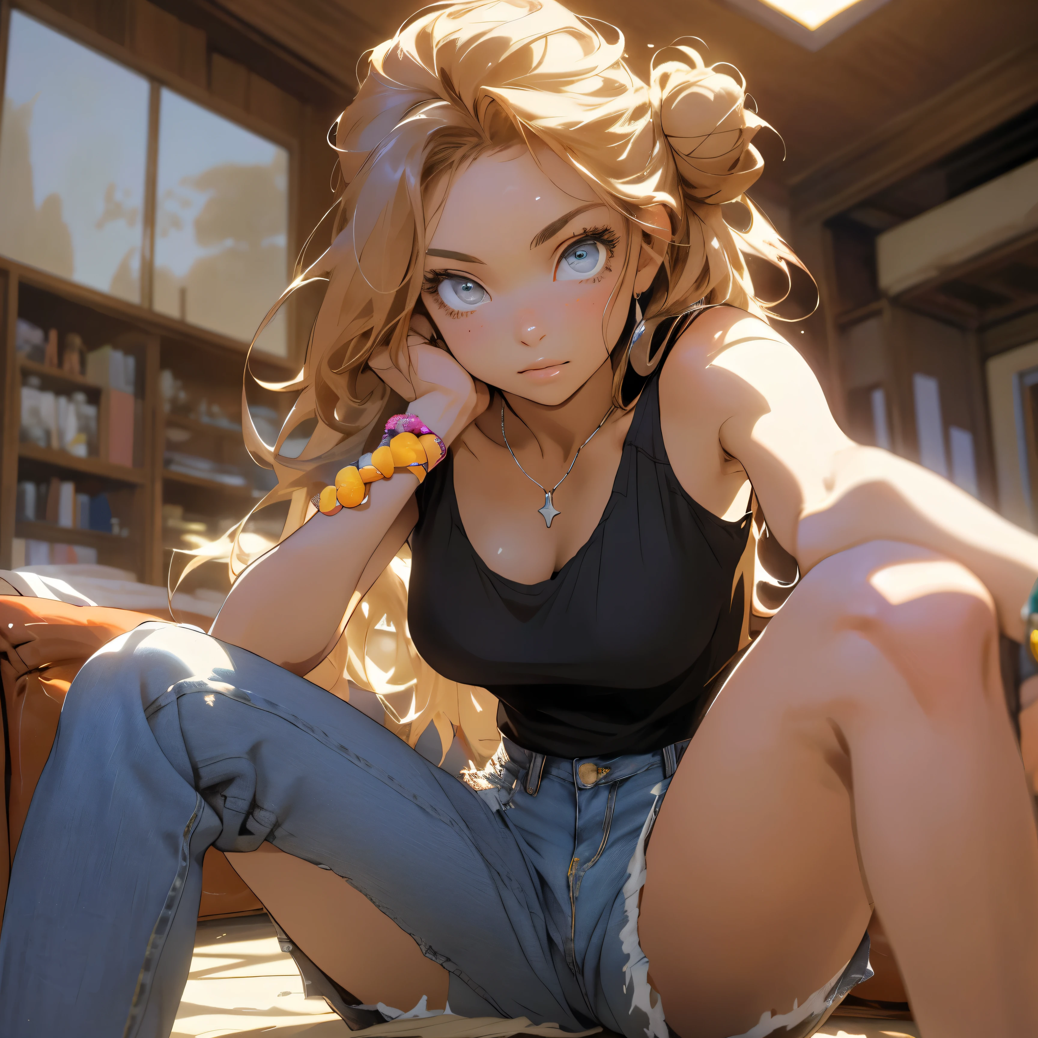 (masterpiece), best quality, beautiful woman, expressive eyes, perfect face, 1 woman, bust shot, sparkly light brown eyes, long strawberrie blond hair, two hair buns, perfect face, hot body, black tank top, ripped jean shorts, sitting on couch, bracelets, (first person point of view:1.3), anime, seductive, adult