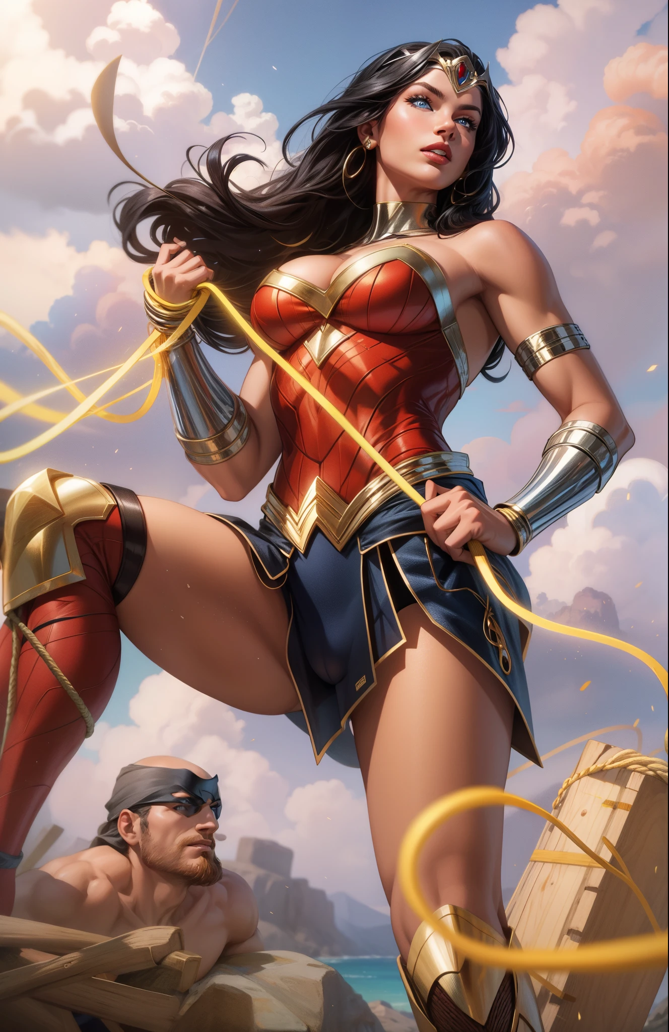 perfect eyes:1.2, detailed eyes:1.4, black hair, long hair, blue eyes, tiara, leotard, bare shoulders, cleavage, superhero, holding rope