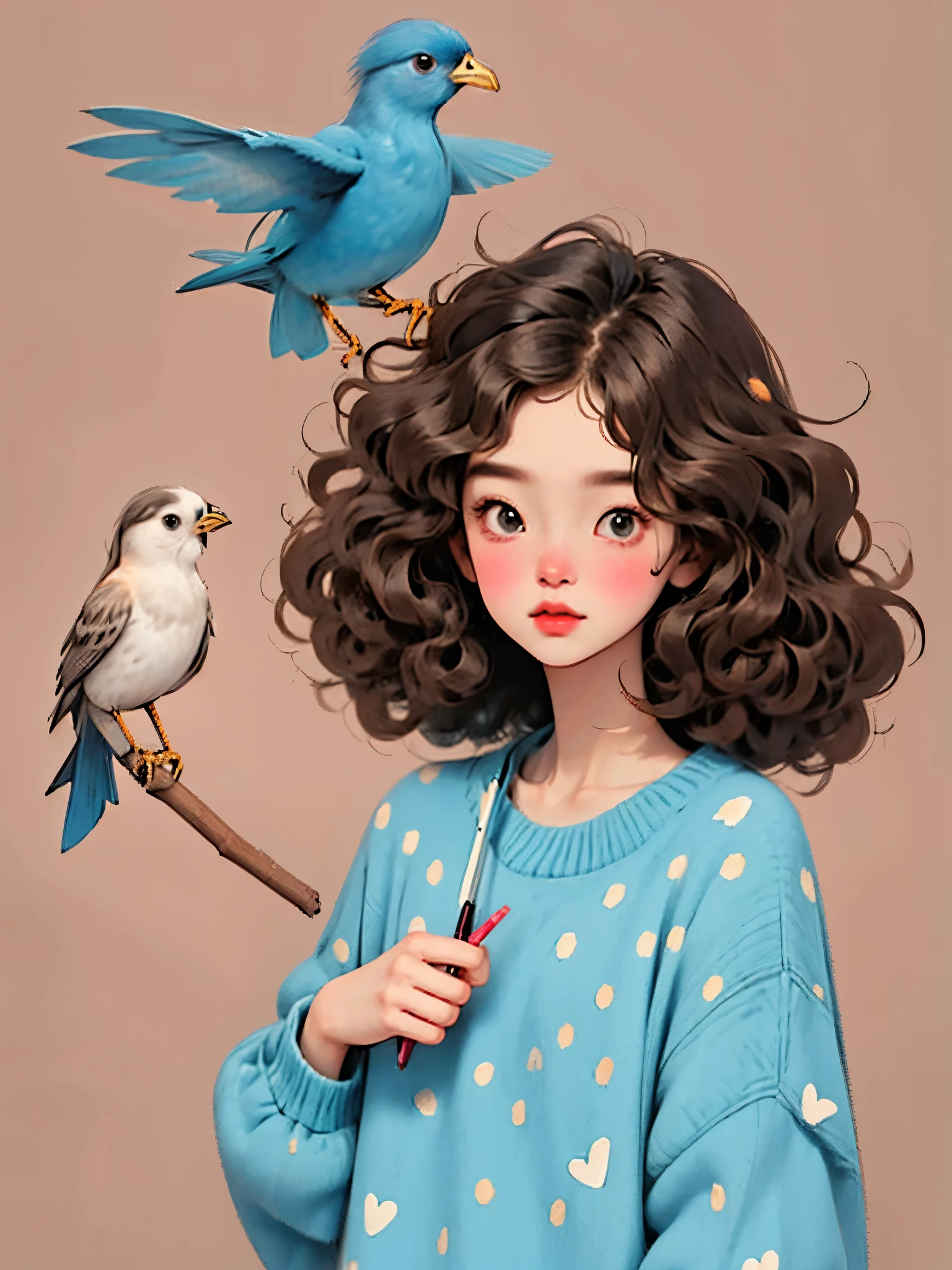 HD，masterpiece，hand drawn style，illustration，cute girl，Long curly hair，Loose sweater，pencil drawing，birdie