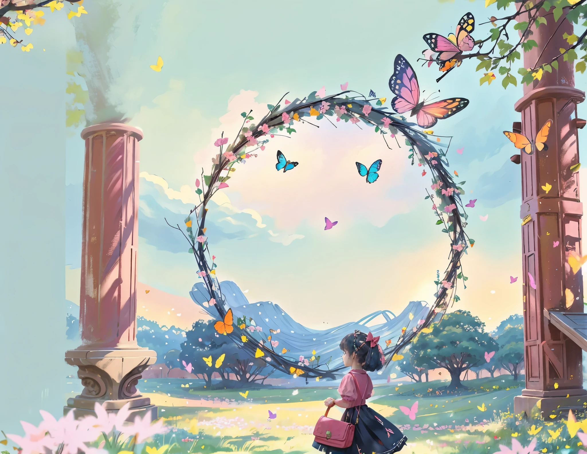 1girl pink bows in her hair, black hair, red lips, pink summer dress, red purse, children's artwork, winning artwork, sunshine day in the park with trees, butterflies, soft breeze, Ghibli style