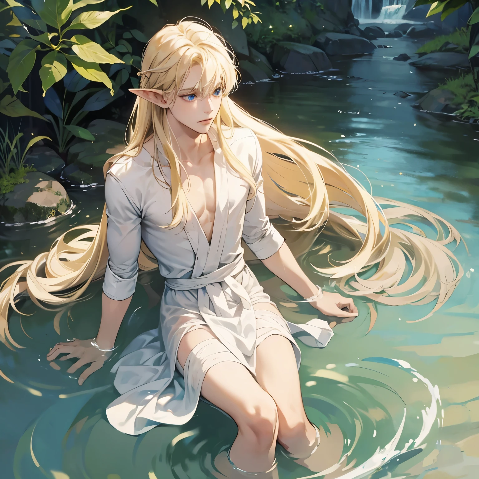 Blonde elf boy, wearing a white gown, blue eyes, brown skin tone, pretty, half naked, in river water, penis, feminine boy, long straight hair