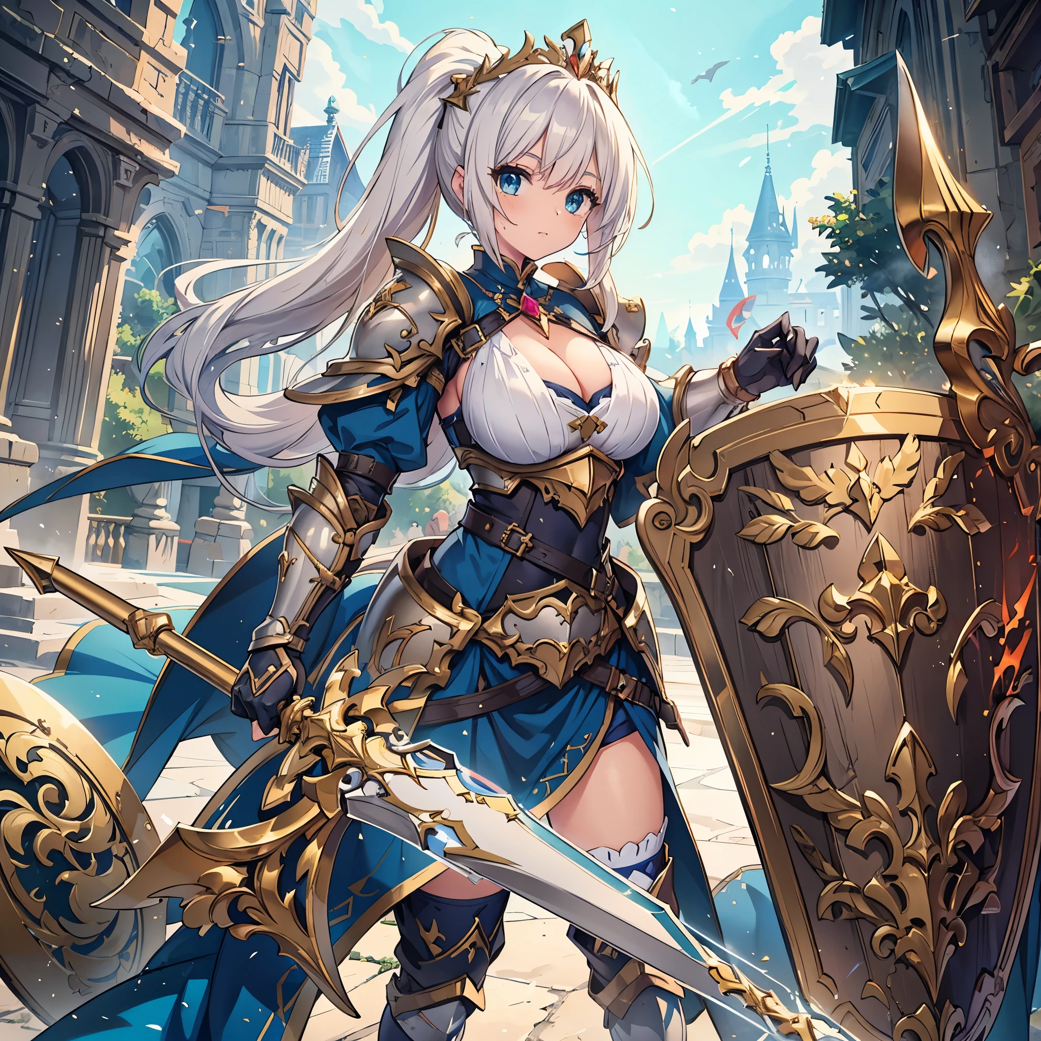 (masterpiece), best quality, fantasy art, 1girl, (solo:1.5), a female knight in metal armor with gold decoration holding a huge lance and a shield, blue_dress, white_armor,cropped shoulders armor, plate armor, armor dress,gauntlets, white hair,side_ponytail, long hair, blue_eyes, ruby tiara, cleavage, thighs, thighhighs, weapeon, melee_weapons, shield, vivid color,Combat stance using a lance