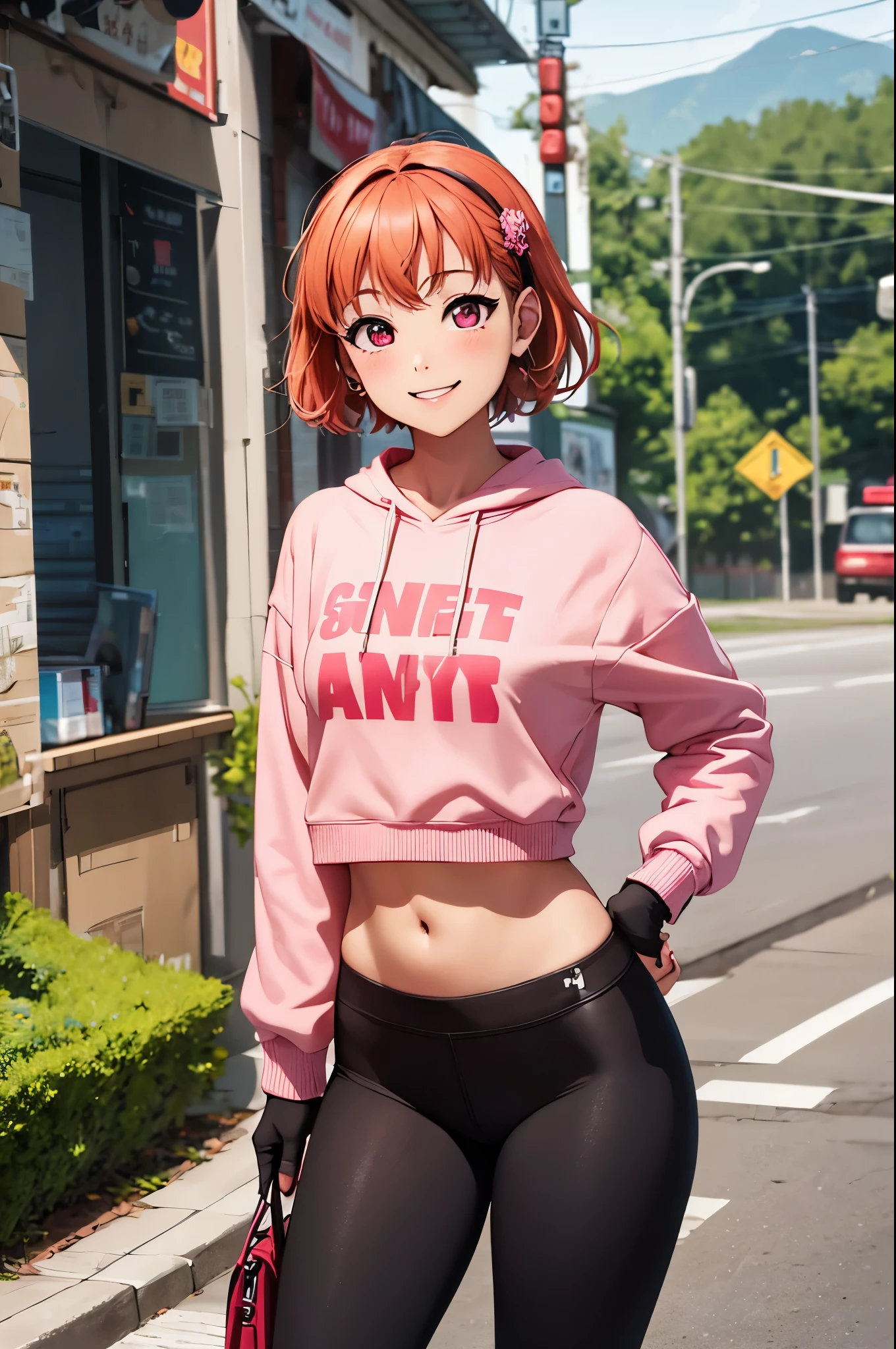 (best quality,4k,8k,highres,masterpiece:1.2),ultra-detailed,takami chika, pink eyes, red sweatshirt , midriff,yoga leggings, headband, long sleeves,black fingerless gloves, standing ,cowboy shot, hair ornamen , short hair , smile 