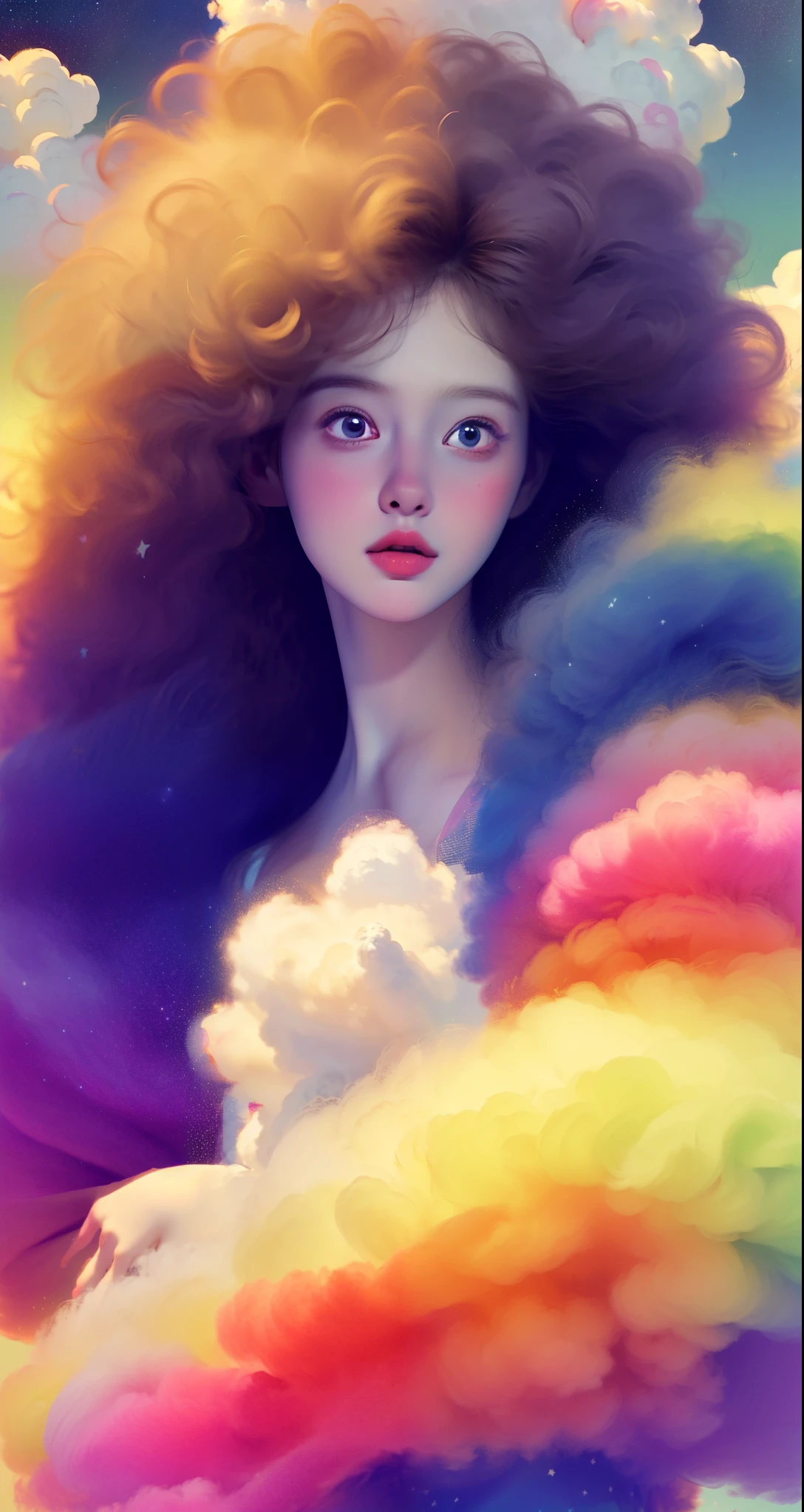 (best quality,4K,8k,high resolution,masterpiece:1.2), The girl in the cloud has fluffy hair like clouds, tiny stars, fantasy illustration, dream colors, Children's illustration style.bright colors