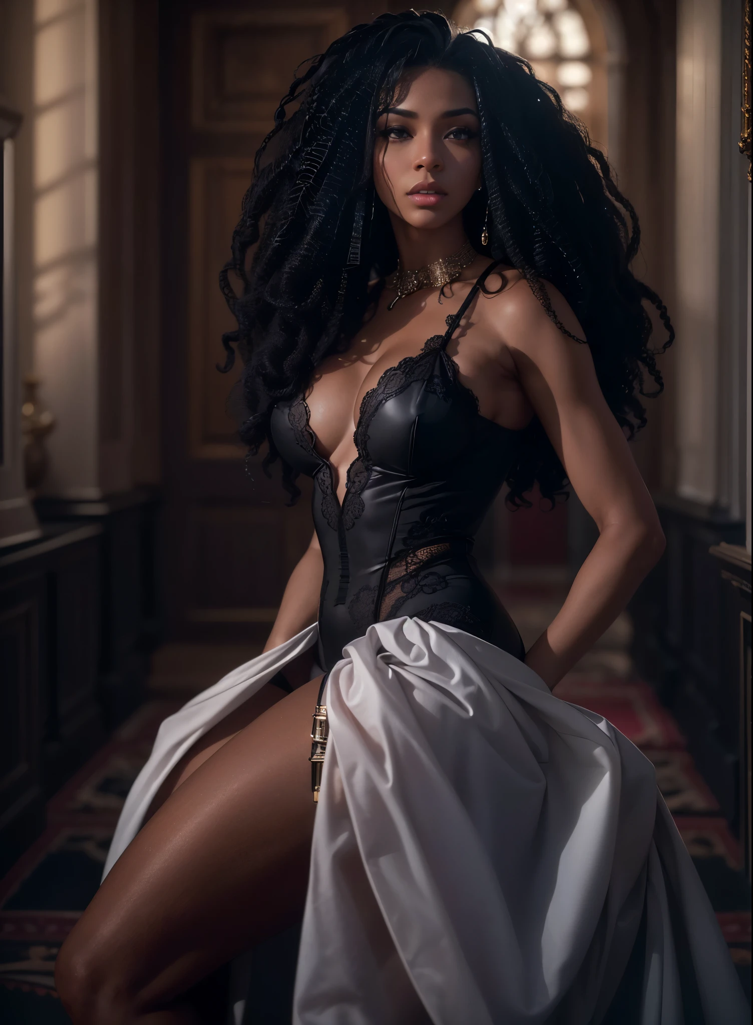 (best quality, 4k, 8k, highres, masterpiece:1.2), ultra-detailed, (realistic,photorealistic,photo-realistic:1.37), gorgeous light skin african american woman, long black curly hair, seductive gaze, elegant posture, gothic background, sensual beauty, glamorous fashion, black gothic gown, pantyhose, dark colors, moody lighting, full body pose