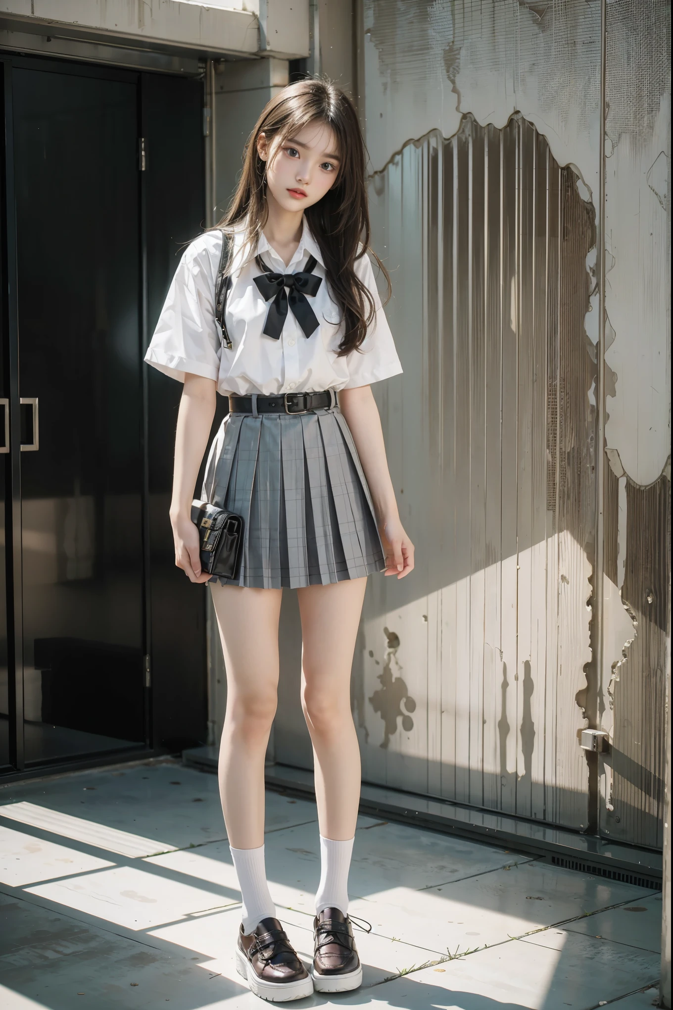 best quality,masterpiece,indoors,against wall,white background, white wall, 1girl,standing,white pantyhose,serafuku,school uniform,loafers,plaid_skirt,pleated skirt,mary janes,brown footwear,green belt,bench,skinny,(slim legs,very long legs,manga legs:1.2),(((teenager))),(((teenage))),((loli)),((cute)),  fullbody,