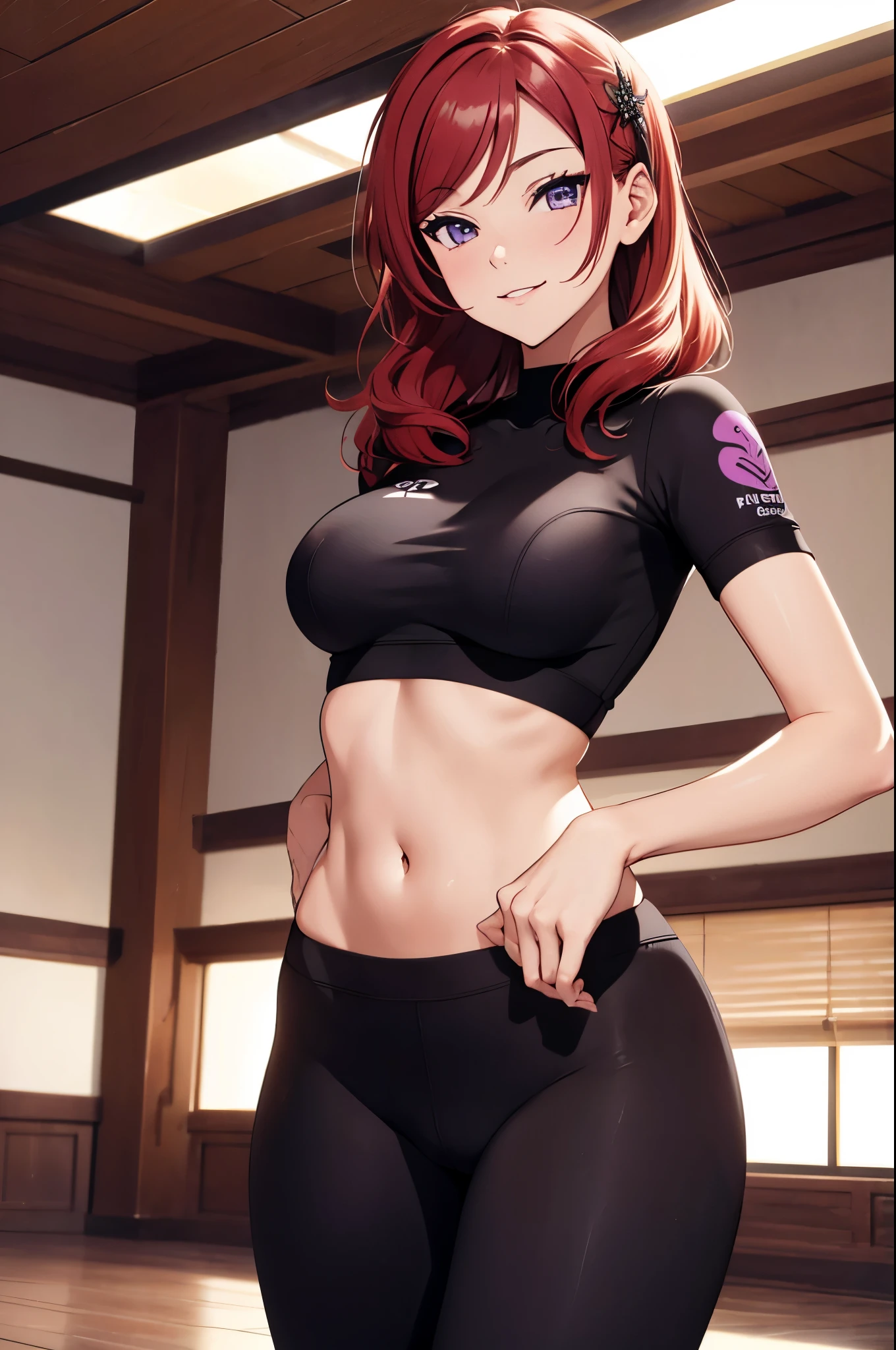 (best quality,4k,8k,highres,masterpiece:1.2), ultra-detailed, nishikino maki, purple eyes, yoga bra, yoga pants, standing , smile, cowboy shot, hair ornamen , indoors