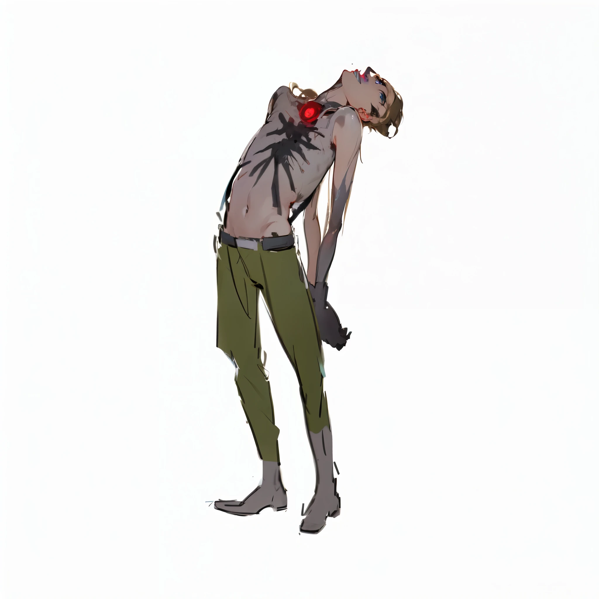 (((zombie with a black hole in the middle of his chest))), (((hands tied behind his back))), ((head looking up)), ((silicon lifeform)), (((black chanel haircut))), (blue eyes),  (cyborg), blame!, abara, knights of sidonia, white armor, gravity rush inspired, kantai collection style, inspired by Akihiko Yoshida, gravity rush, from girls frontline, girls frontline style, edelgard from fire emblem, blonde anime girl with long hair, botw style, cyborg merchant girl, akihiko yoshida!, no more heroes concept art, in suitcase