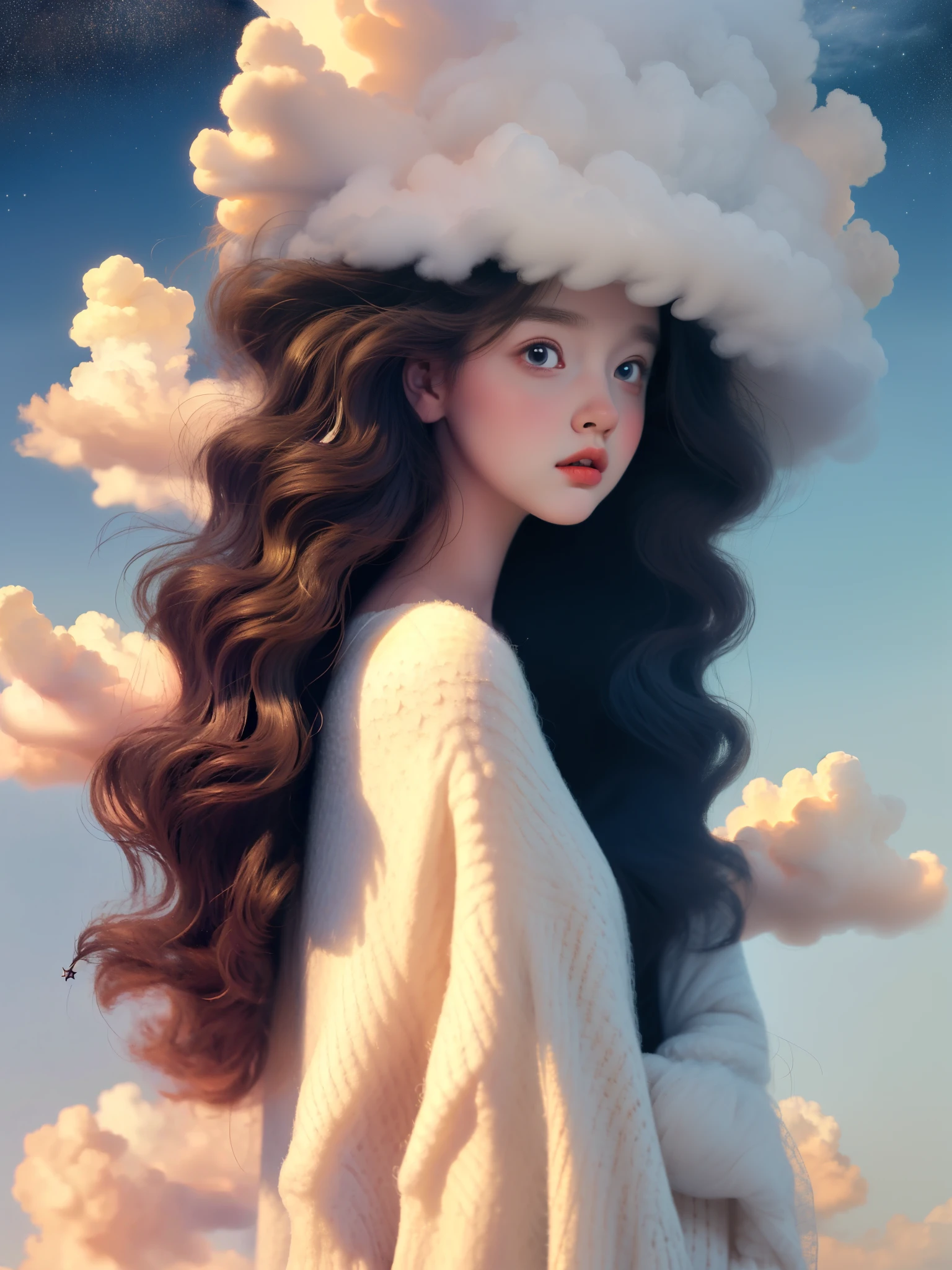 (best quality,4K,8k,high resolution,masterpiece:1.2), The girl in the cloud has fluffy hair like clouds, tiny stars, fantasy illustration, dream colors, Children's illustration style.bright colors