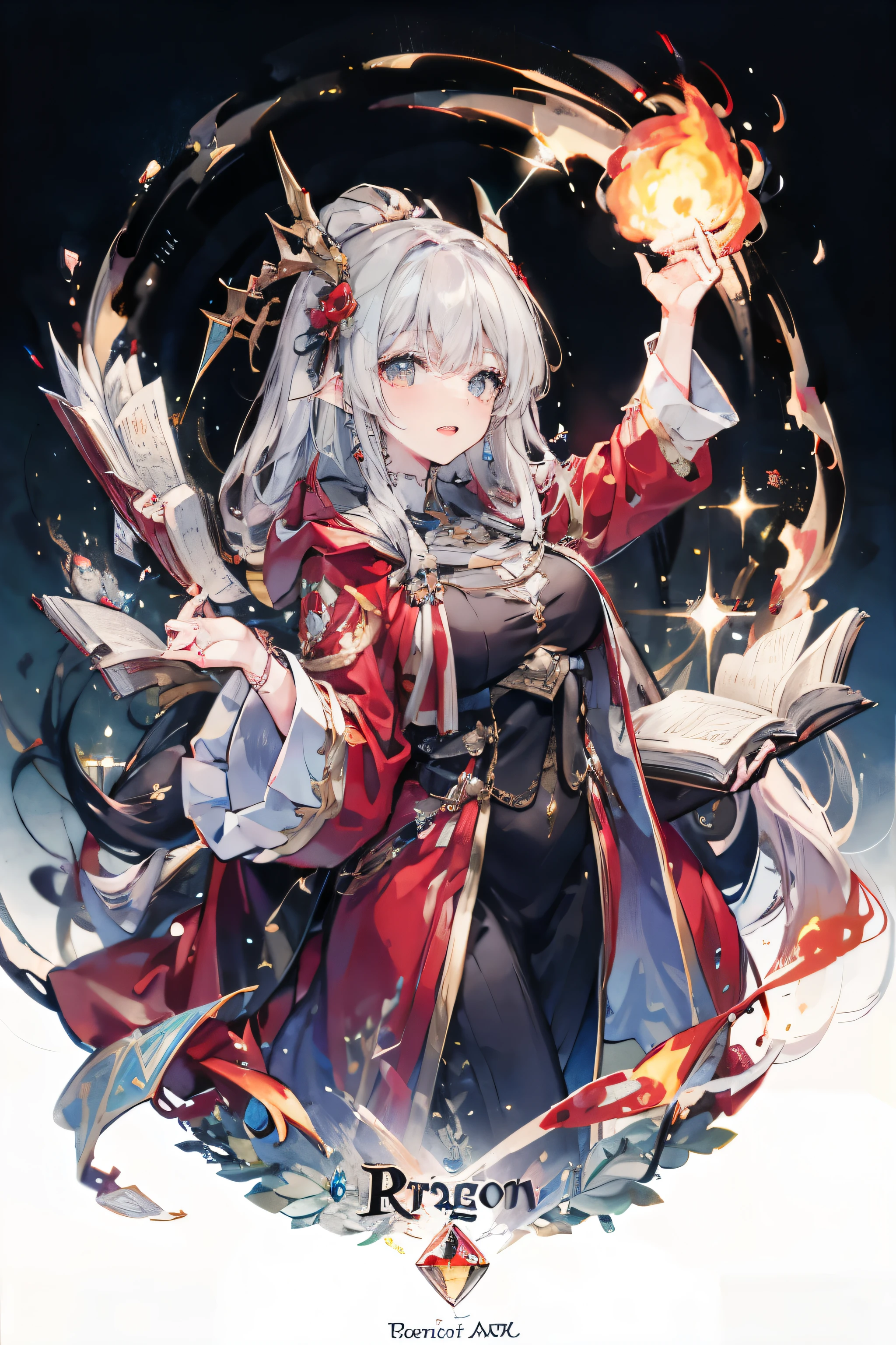 a female magician，1 girl，red robe，gem，Pages flying in the air，turn blood into fire，spell，triangle magic circle，runes，dragon horn，Vertical pupil，Laugh wildly，highest level magic，perfect face，great person