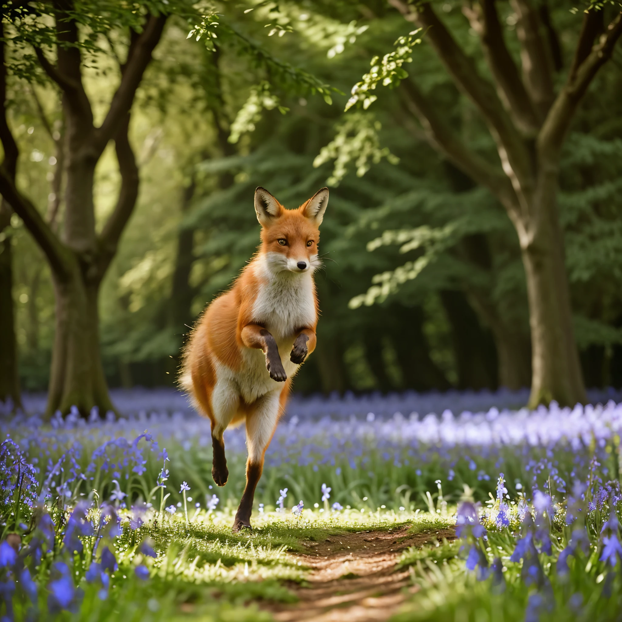 Hyperrealistic photo of a running fox in the bluebells fields, surrounded by intricately detailed bluebells and lush greenery. Perspective highlights the fox's dynamic movement, with his muscular body and bushy tail extended behind him. The fox's hyperrealistic fur texture is emphasized by the sunlight filtering through the trees, casting a warm, captivating glow on his back. The vibrant bluebells create a stunning contrast against the fox's rich coat, adding depth and liveliness to the scene. The photo is captured in high definition, with a shallow depth of field that beautifully accentuates the fox's form while softly blurring the