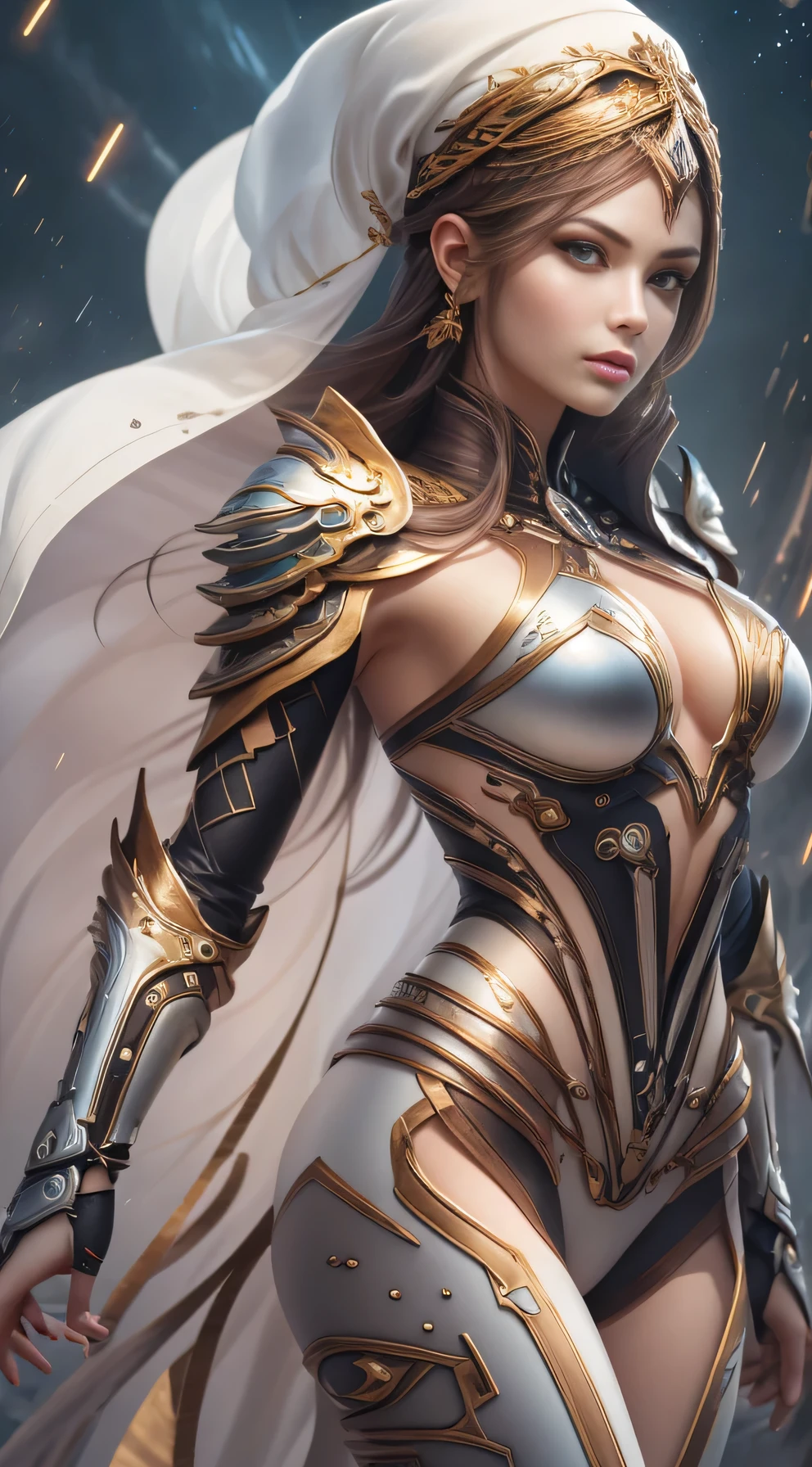 (((Masterpiece))), Ultra high quality, super detailed, 4K highly detailed digital art, Epic strong female warrior from the future, (realistic face), (beautiful veil), (grace of god), Fierce woman, white outfit, (Strong whole body pose), (stunning exotic beauty), Brazilian beauty, Very athletic, (muscular woman),((Wearing white biomechanical armor)), (Soft white clothes underneath the armor), Golden outlines on armor, armor shining, (white biomechanical armor), armor glimmering, neon lights on armor, Ultra athletic warrior woman from other galaxy, (white bodysuit armor), (skin tight bodysuit), white clothes (white armor), (muscular body), ((She has a katana)), she is glimmering and sparkles all around her, her beauty is out of this world, ultra beautiful, detailed face, Her mighty and all power is shining through her being, she is a warrior to defend the weak and empowering the feminine, Feminine empowerment, she is galaxy rider, Astronomical galaxy backround far far away from the earth where the mythological creatures live. She is hovering over the ground on a far away planet. Her strength is showing even the ground is shaking, HDR (High Dynamic Range), PBR Textures, Super Resolution, Multi-layer Textures