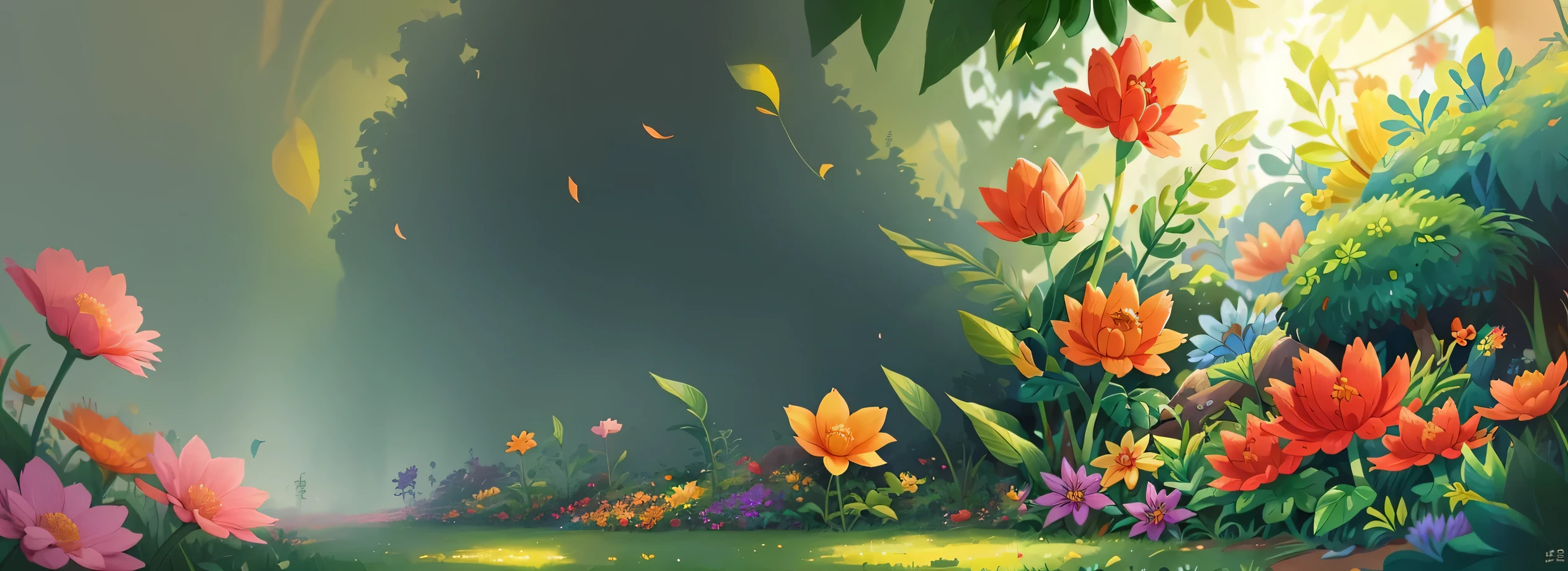 there is a painting of a colorful flower garden with lots of flowers, floral environment, cute detailed digital art, overgrown with shiny blobs, background art, fantasy magical vegetation, detailed digital painting, colorful concept art, background artwork, magical colorful flowers, by Ryan Yee, fantasy flowers and leaves, field of fantasy flowers, childrens art in artstation, highly detailed digital painting