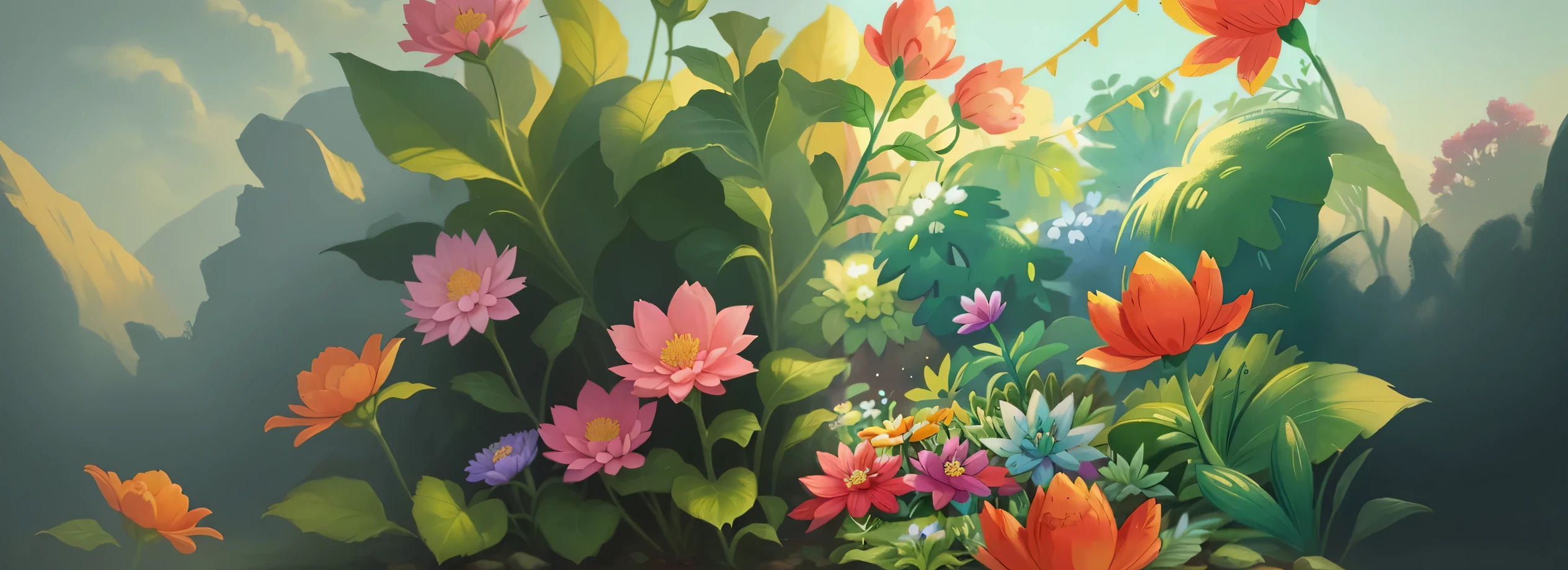 there is a painting of a garden with flowers and plants, background art, floral environment, background artwork, detailed digital painting, by Ryan Yee, colorful concept art, fantasy flowers and leaves, very detailed digital painting, highly detailed digital painting, beautiful digital painting, magical colorful flowers, 4k digital painting, 4 k digital painting, a beautiful artwork illustration