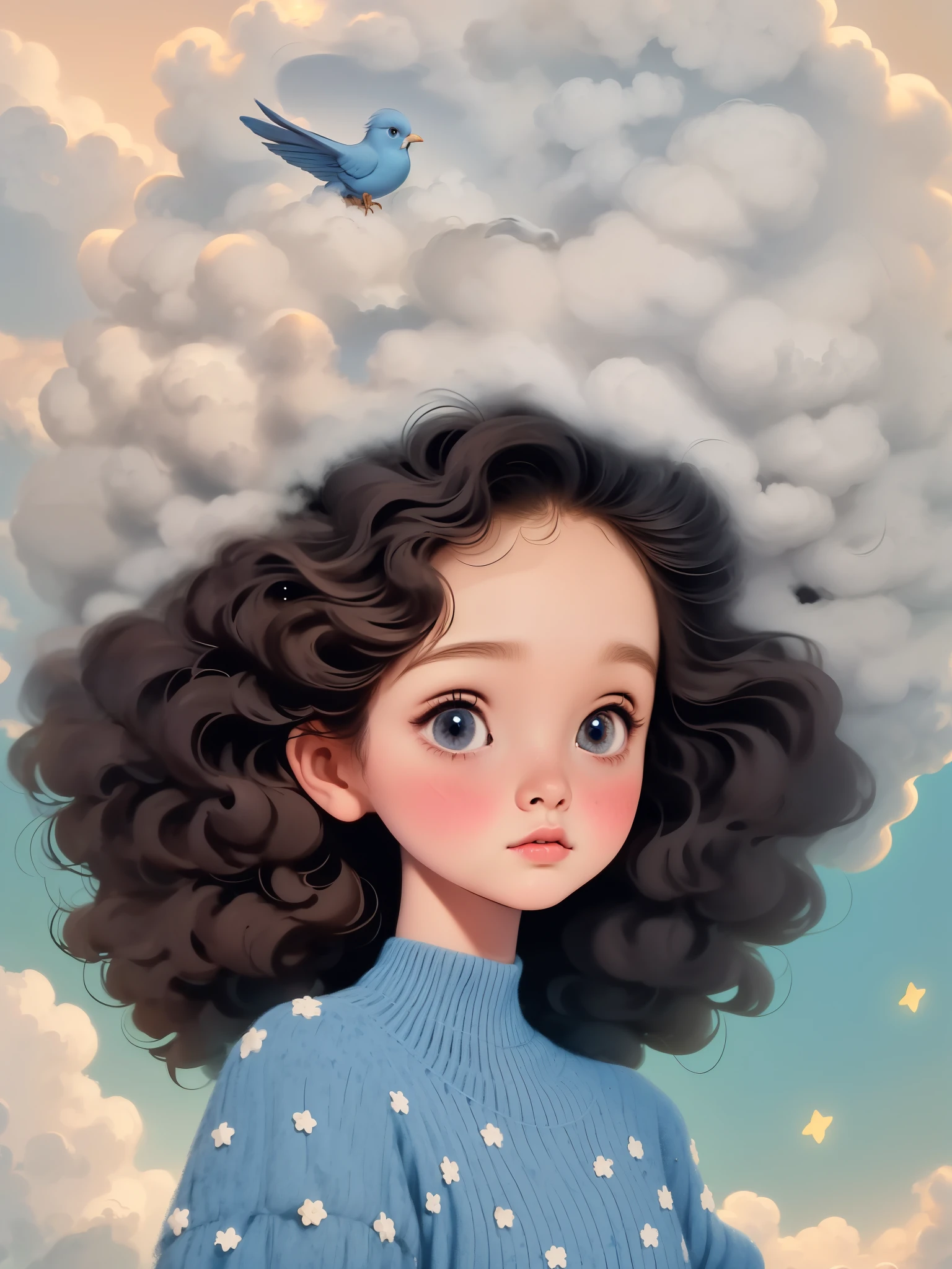 (best quality,4K,8k,high resolution,masterpiece:1.2), The girl in the cloud has fluffy hair like clouds, tiny stars, fantasy illustration, dream colors, Children's illustration style.bright colors