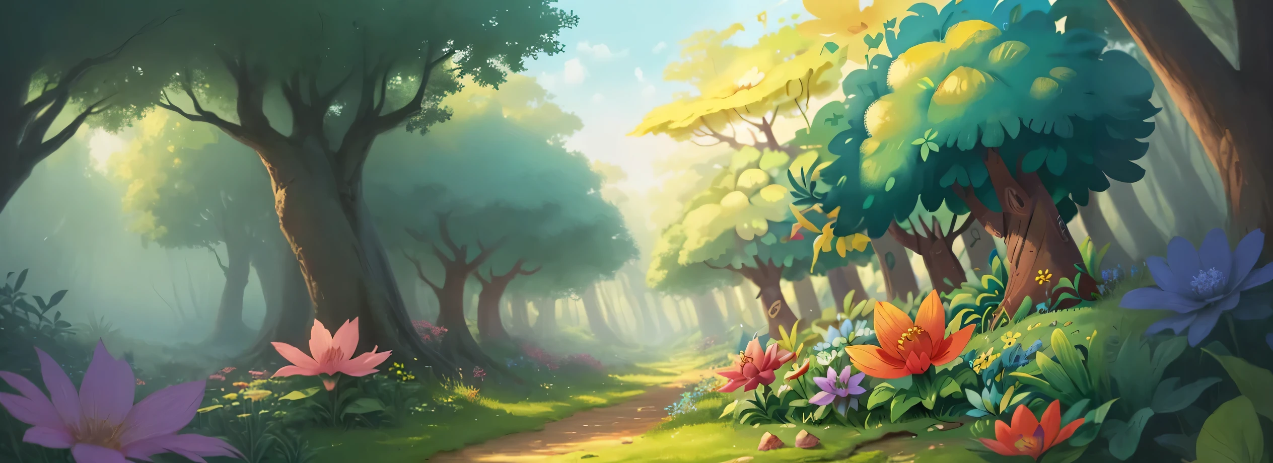 complete the image, cartoon illustration of a forest with flowers and trees, background art, floral environment, background artwork, flowers and trees, lush trees and flowers, detailed digital painting, trees and flowers, fantasy magical vegetation, forest setting, fairy kingdom forest, very detailed digital painting, whimsical forest, magical forest backround, elf forest background, fantasy forest, forest backdrop, magical forest background