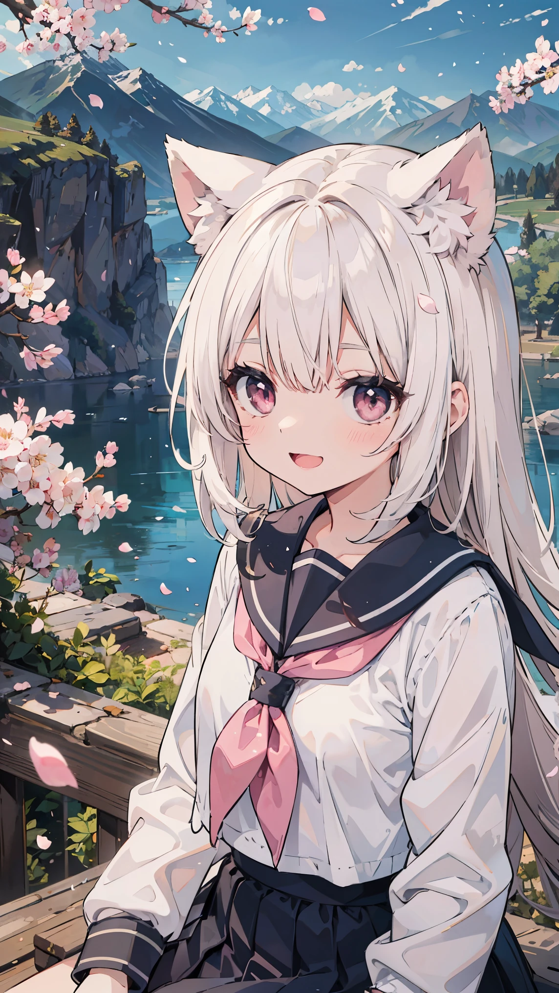 (masterpiece), landscape, mountain horizon, Cherry blossoms, petal, light particles, Upper body, 1 girl, sailor, curls, flowing hair, Smile, sitting, open mouth, light particles, long white hair, Pale pink eyes, looking at the audience, Face focus,cat girl,Big