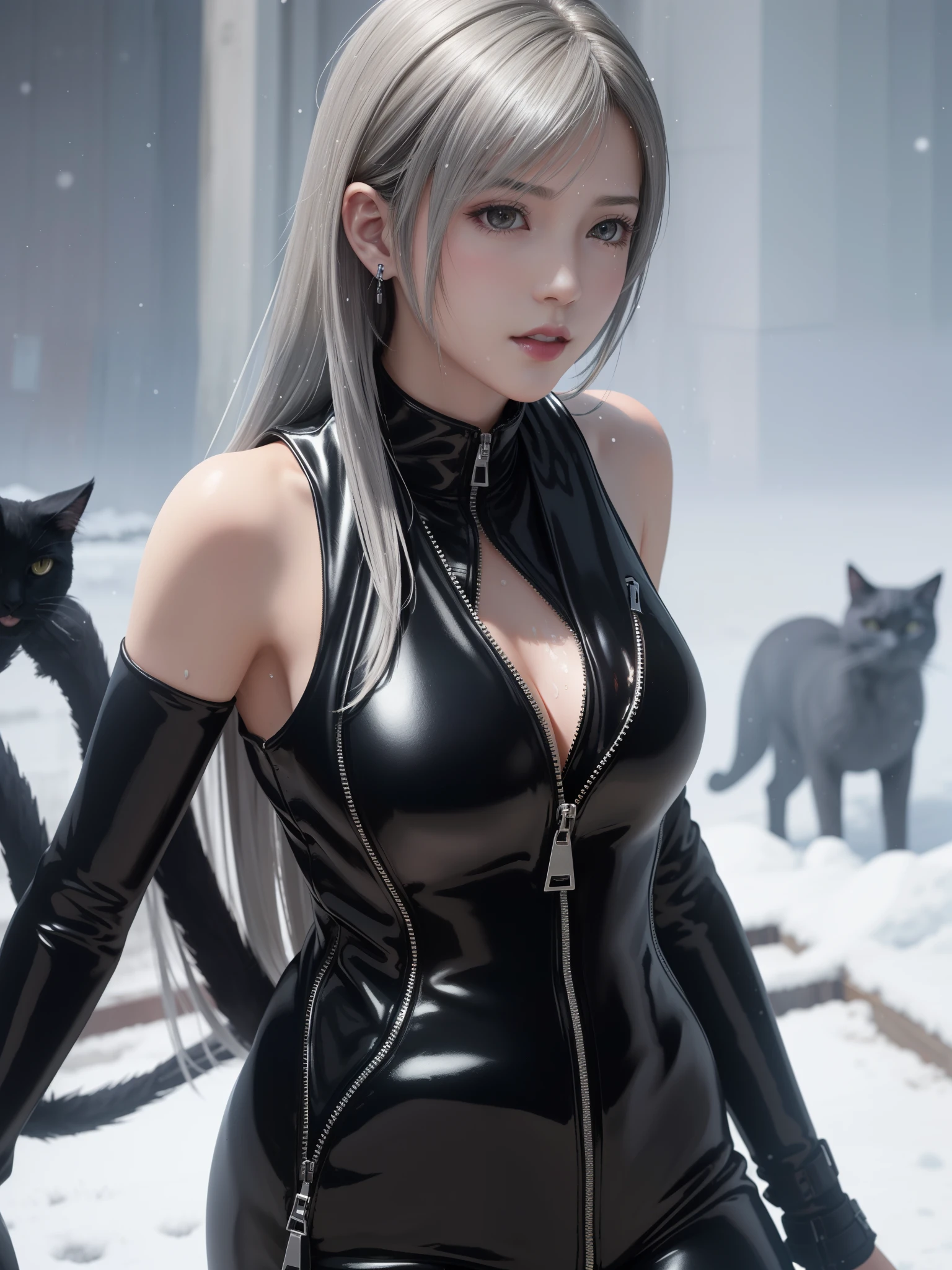 (Top Quality, Masterpiece: 1.1), (Realistic: 1.3), BREAK (((FF7,Tifa_lockhart))),(tifa_lockhart and monsters),(A dark, barely lit torture chamber:1.3,snow:1.2,night:1.1),(face focus:1.1), BREAK (((FF7,Tifa_lockhart))),(Light Brown Hair, Large breasts: 1.2),(black catsuit:1.3,silver zip,zip down:1.8),(bare navel:1.3), BREAK (((FF7,Tifa_lockhart))),(shiny oiled skin: 1.1),(crowd of monster:1.3),(many monsters:1.2), ((stringy viscous liquid)),(no bra),(no panties),wet hair, about 18 years old,sensual, (sweat on body:1.3),(erotic pose:1.2),I want to make love to you , In the snow,Snow falls