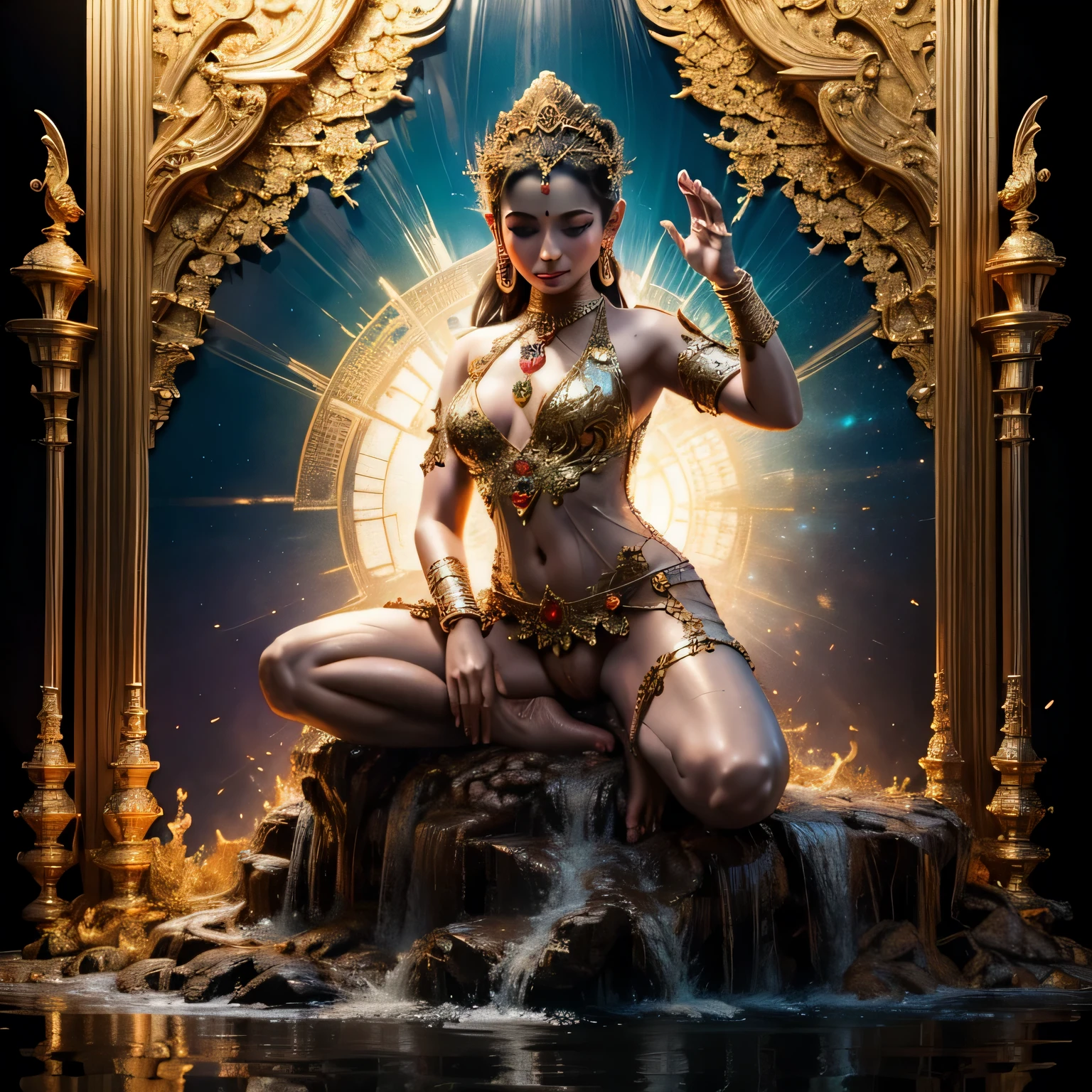 masterpiece, ultra detail, realistic, hindu, Buddhism, Buddha Dharma, Dharmavinaya, Tantra, Dakini, dancing, posed, majestic figure of a priestess dressed in see thru ornamented jeweled bodysuit with sexy openings with chains and sculptured details, jeweled choker necklace and tiara, inside a temple chamber, image reflected in pool of water, one point perspective, shadow, dramatic lighting, ultramarine and purple color scheme,