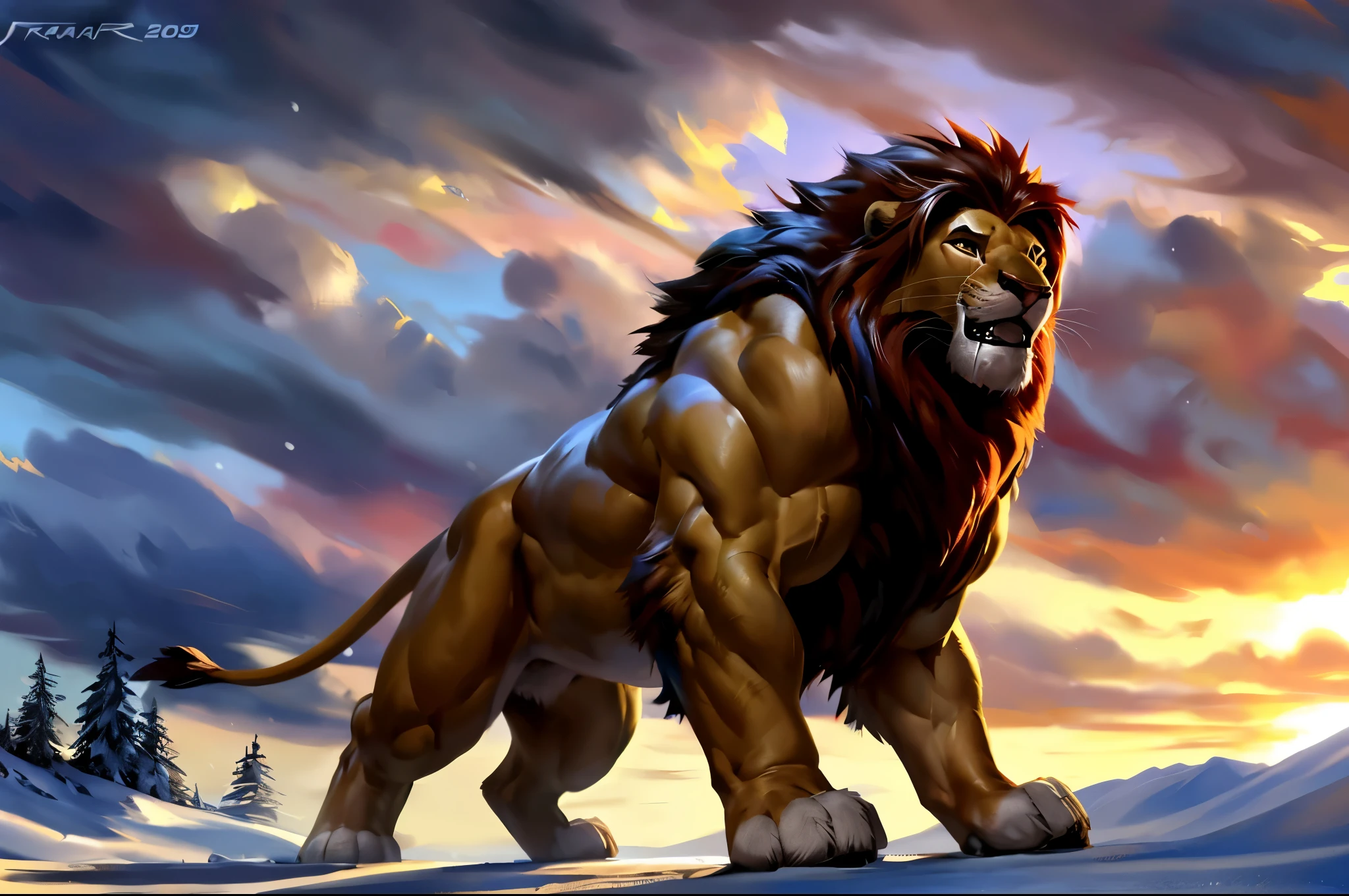 muscular feral:1 lion posing for the camera. 4k, high resolution, best quality, perfect colors, perfect shadows, perfect lighting, posted on e621, furry body, feral lion, quadruped lion, solo, male, adult, masculine, (muscular, dense build:1.4, muscular shoulders, strong pecs), correct anatomy, (photorealistic fur, detailed fur, epic, masterpiece:1.2), (detailed winter background, snowing, cloudy sky, sunset), sexy shadows, (by echin, by Taran Fiddler, by vorusuarts, by Traver009, by Juiceps), (detailed eyes:1.2), impressive physique, tired pose, effort pose, bothered face, exhausted, detailed eyes, looking at camera, close-up, open mouth, struggling, drooling, low-angle shot