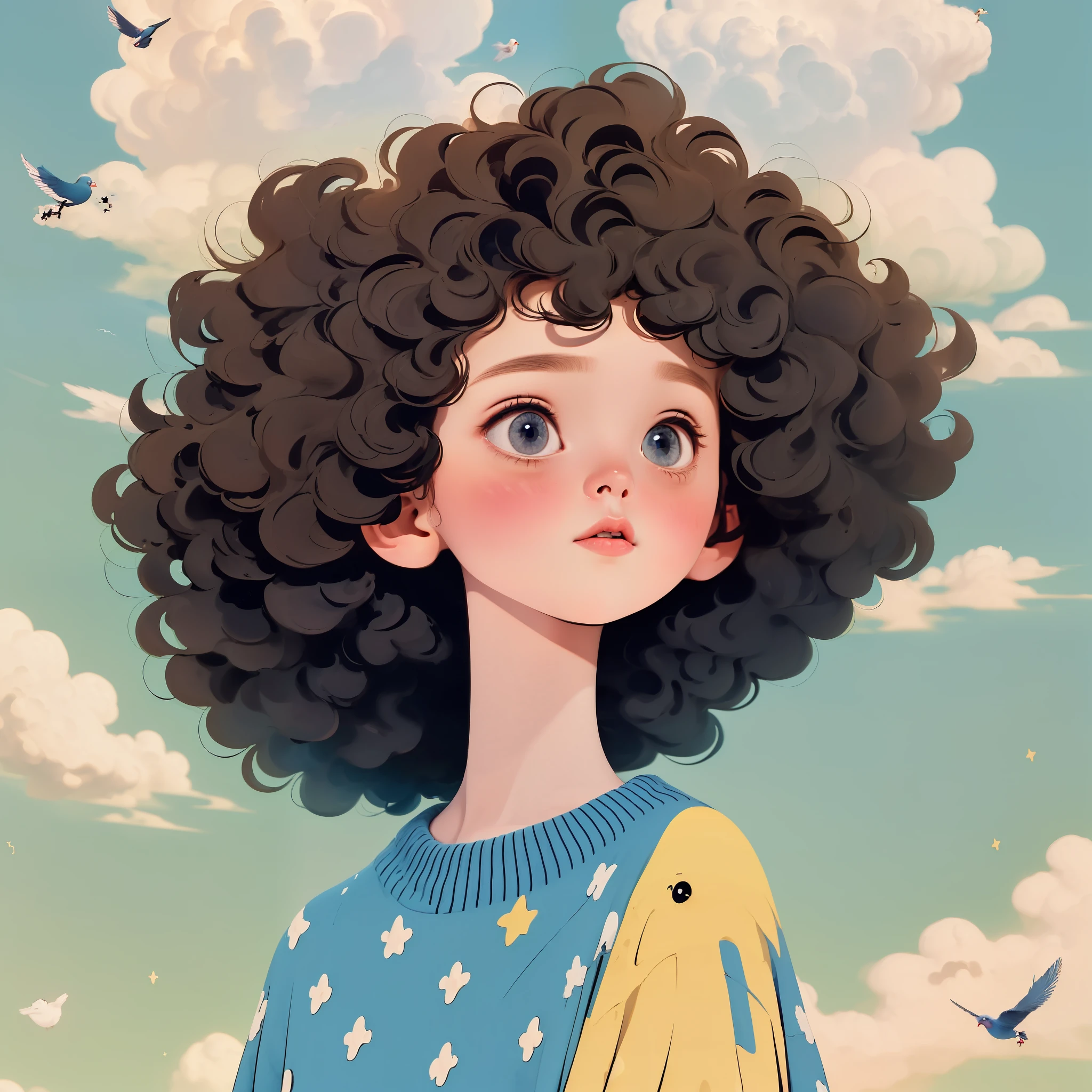 (best quality,4K,8k,high resolution,masterpiece:1.2), The girl in the cloud has fluffy hair like clouds,bird overhead，soft sweater，tiny stars, fantasy illustration, dream colors, Children's illustration style.bright colors