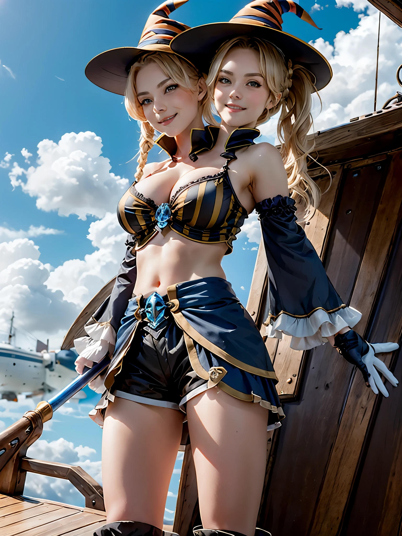 2heads, zetahalloween, twintails, witch hat, halloween costume, detached sleeves, black gloves, midriff, cleavage, smug face, on the deck of a wooden airship flying, blue sky, clouds, photograph, realistic, blurry background, beautiful, absurdres, high quality, 4k, 8k, 1girl, solo, dynamic angle, combat pose, standing, ((holding a spear)), close shot, bust shot, butshot, ((extreme close-up)), ((half-body shot)), irish, 21 years old