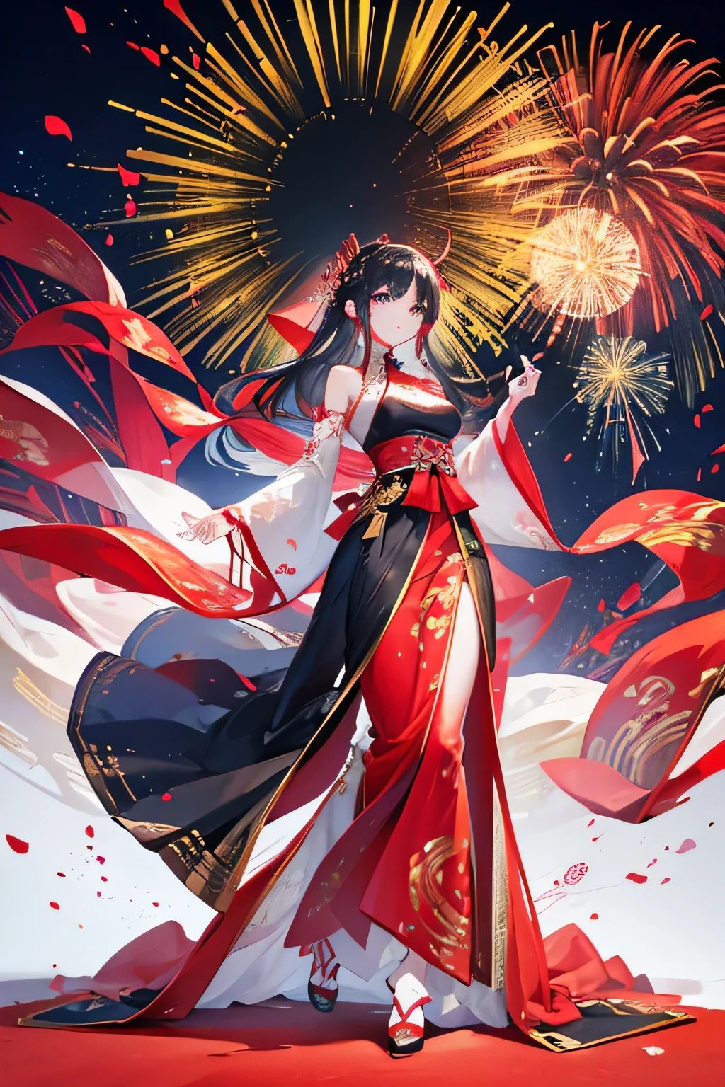 CNY, beauty, Wedding dress, fireworks, General features, beauty的, Black long straight, big eyes, blue eyes, delicate skin, long legs, long skirt, festive atmosphere, Lively, CNY, Fingers scattered randomly, nice background
