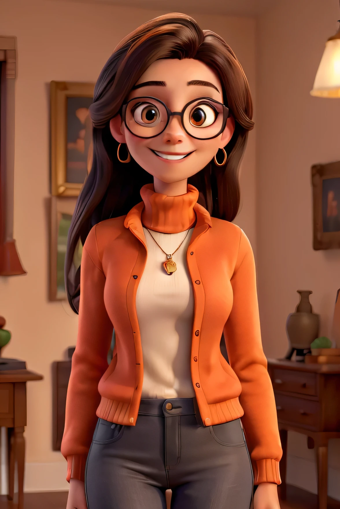 ((best quality)), ((masterpiece)), (detailed), perfect face, hot girl in orange colored turtleneck sweatshirt, necklace, in short jeans and turtle neck sweatshirt, deep orange cloth, sexy body, with glasses, excited, super excited, smiling, beautiful black hair, beautiful eyes, illuminated by a red lamp, whole body in visible, all body parts in visible, feet visible, long hair, hot body,