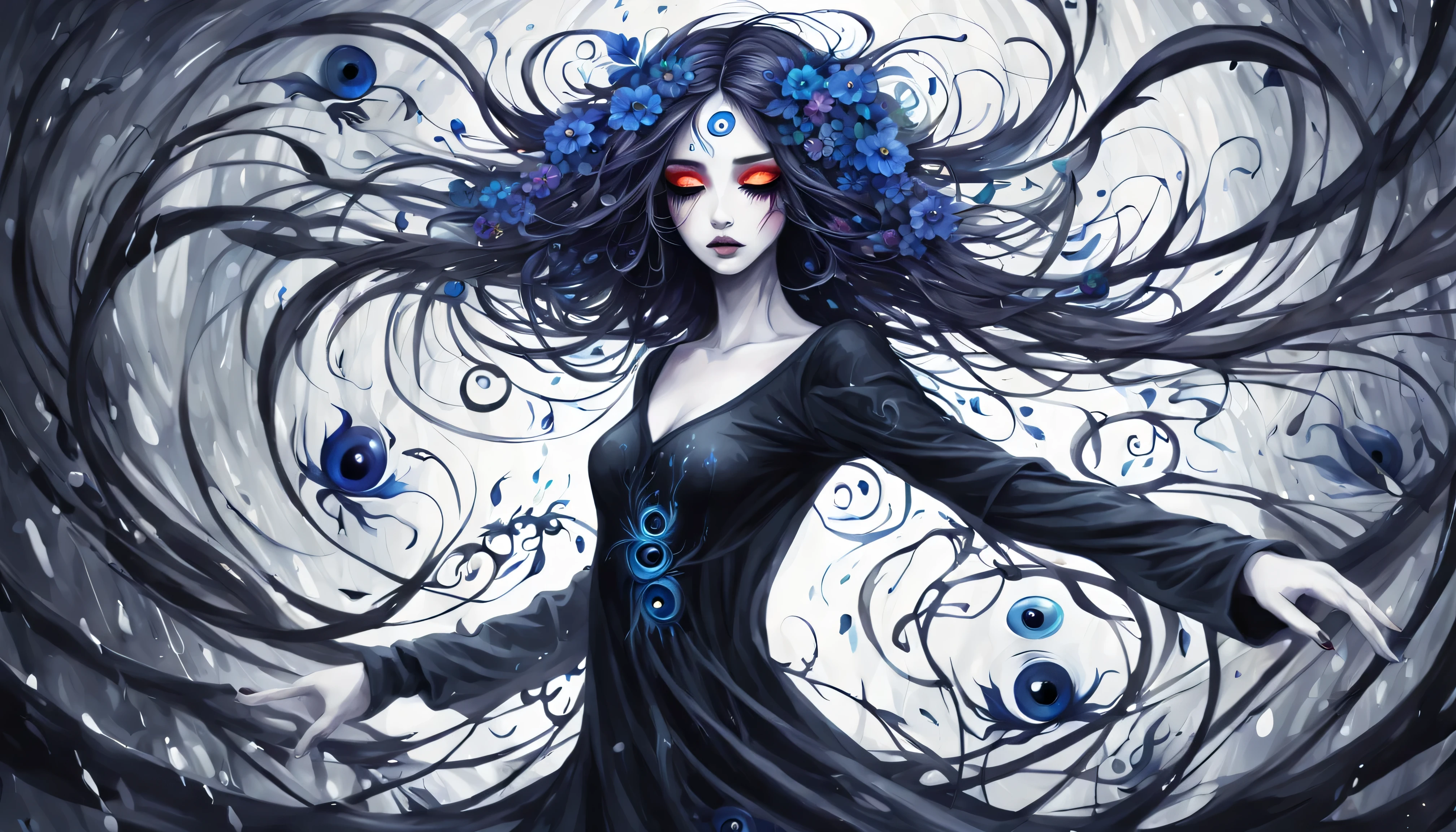 Watercolor Paint, Dangerous girl&#39;position of the center of the entire body&#39;head of, dancing, evil eye flower, vines, with the darkest splash, Focusing on dark fantasy fractal flowers, high quality, Drooping rain,the background is white、hair is combed、