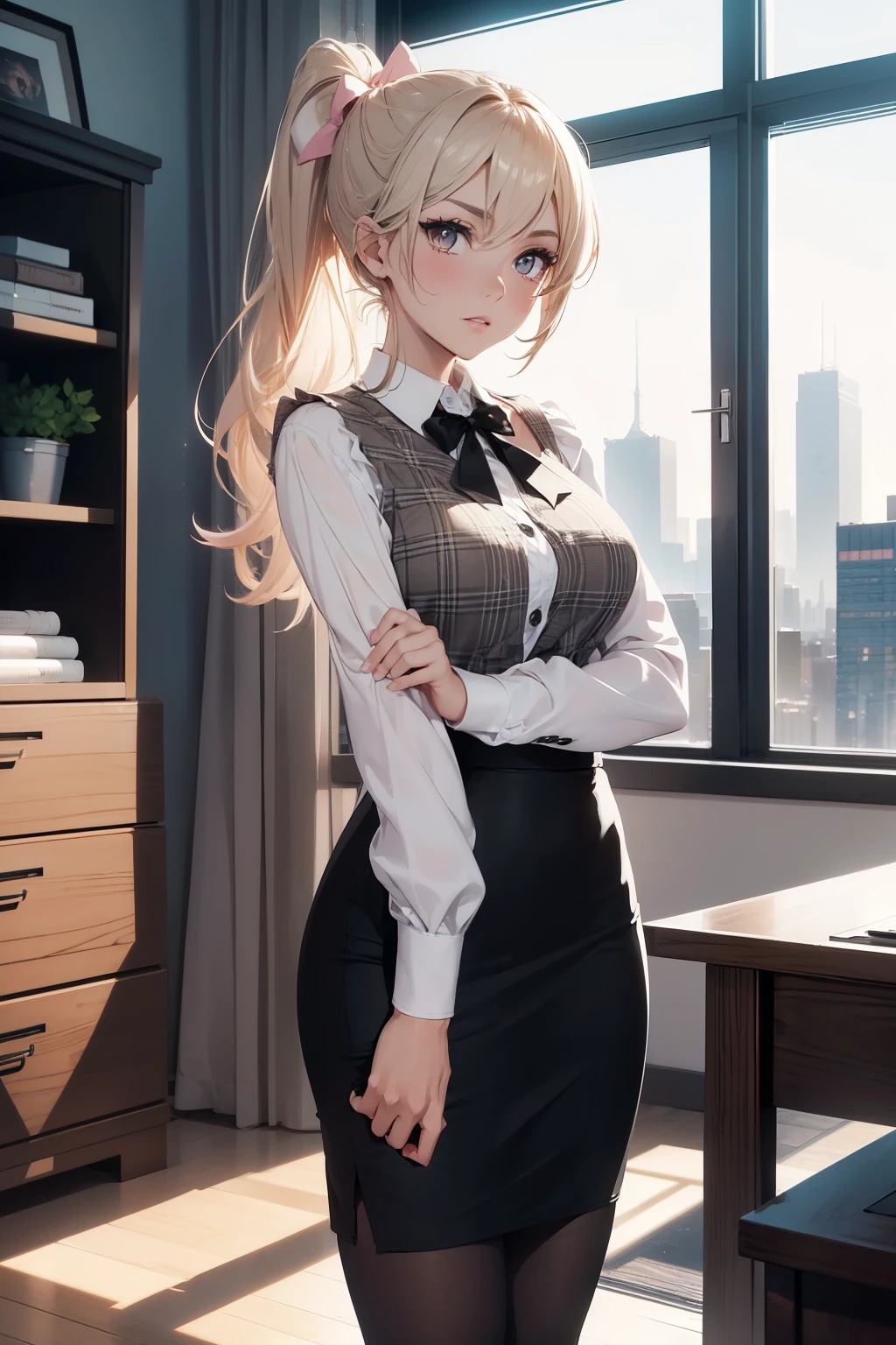 (best quality, 4k, 8k, highres, masterpiece:1.2), ultra-detailed, detailed face, detailed lips and eyes, anime style,
BREAK
Valerie the Thief beautiful caucasian woman with messy wavy shoulder length blonde hair, 23 years old, ((big eyes)), (brown eyes:1.3), brown eyebrows, fair skin, lean and athletic, attractive appearance, expressive face, beautiful hair tied in ponytail,
BREAK
(nowadays:1.5), (full moon:1.4), subtle shadows adding depth and dimension to the image.
An elegant, stylish, modern office with a large window providing a spectacular view of the city at night.
The office is beautifully decorated with high-quality furniture and tasteful artwork, adding a touch of sophistication to the space.
The desk is made of sleek, dark wood, complementing the overall aesthetic.
The windows are floor-to-ceiling, allowing ample moon light to flood the room.
The cityscape outside is vibrant, with twinkling lights illuminating the buildings.
The city's iconic landmarks can be seen in the distance. The office is bathed in a soft, warm glow, creating a cozy and inviting atmosphere.

BREAK
(white and gray theme:1.3), (wearing a [[white and gray plaid pattern]] vest over a long sleeve white collared-shirt:1.4), (buttoned gray vest:1.2),
BREAK
(pink theme:1.2), (pink ribbon bow:1.3),
BREAK
(black theme:1.4), (tight black pencil skirt:1.5), (pantyhose:1.3), (high heels:1.1),
BREAK
detailed perfect fingers, detailed perfect hands, detailed perfect face, intense blushing, (solo:1.2),
BREAK
standing in front of desk, facing viewer, (bowing deeply, bowing respectfuly at viewer:1.6)