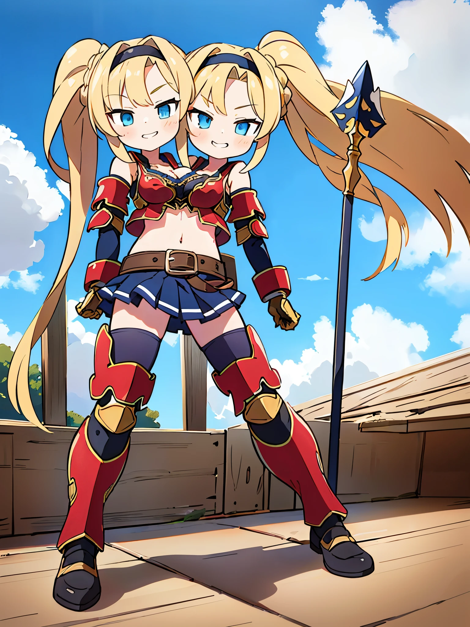 2heads, zetadef, braid, hair intakes, twintails, hairband, red armor, shoulder armor, skirt, thighhighs, gauntlets, belt, midriff, cleavage, smug face, on the deck of a wooden airship flying, blue sky, clouds, photograph, realistic, beautiful, absurdres, high quality, 4k, 8k, 1girl, solo, dynamic angle, combat pose, standing, ((holding a spear)), ((extreme close-up)), ((half-body shot)), irish, 21 years old