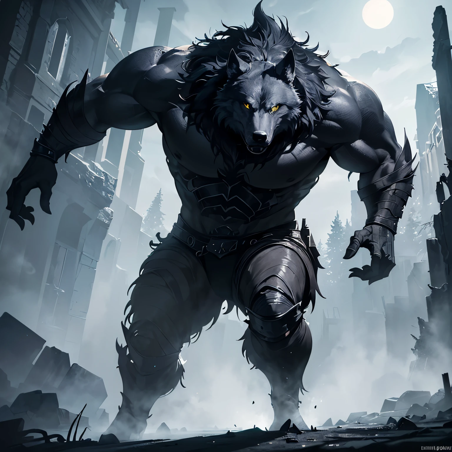(best quality,4k,ultra high-resolution,highly detailed),(dark and mysterious atmosphere),(rugged and menacing wolf),(detailed shadows and highlights),(intense lighting effects),(dramatic composition),(eerie moonlight),(dynamic and action-packed),(masterpiece:1.2),fantasy role-playing game-inspired.