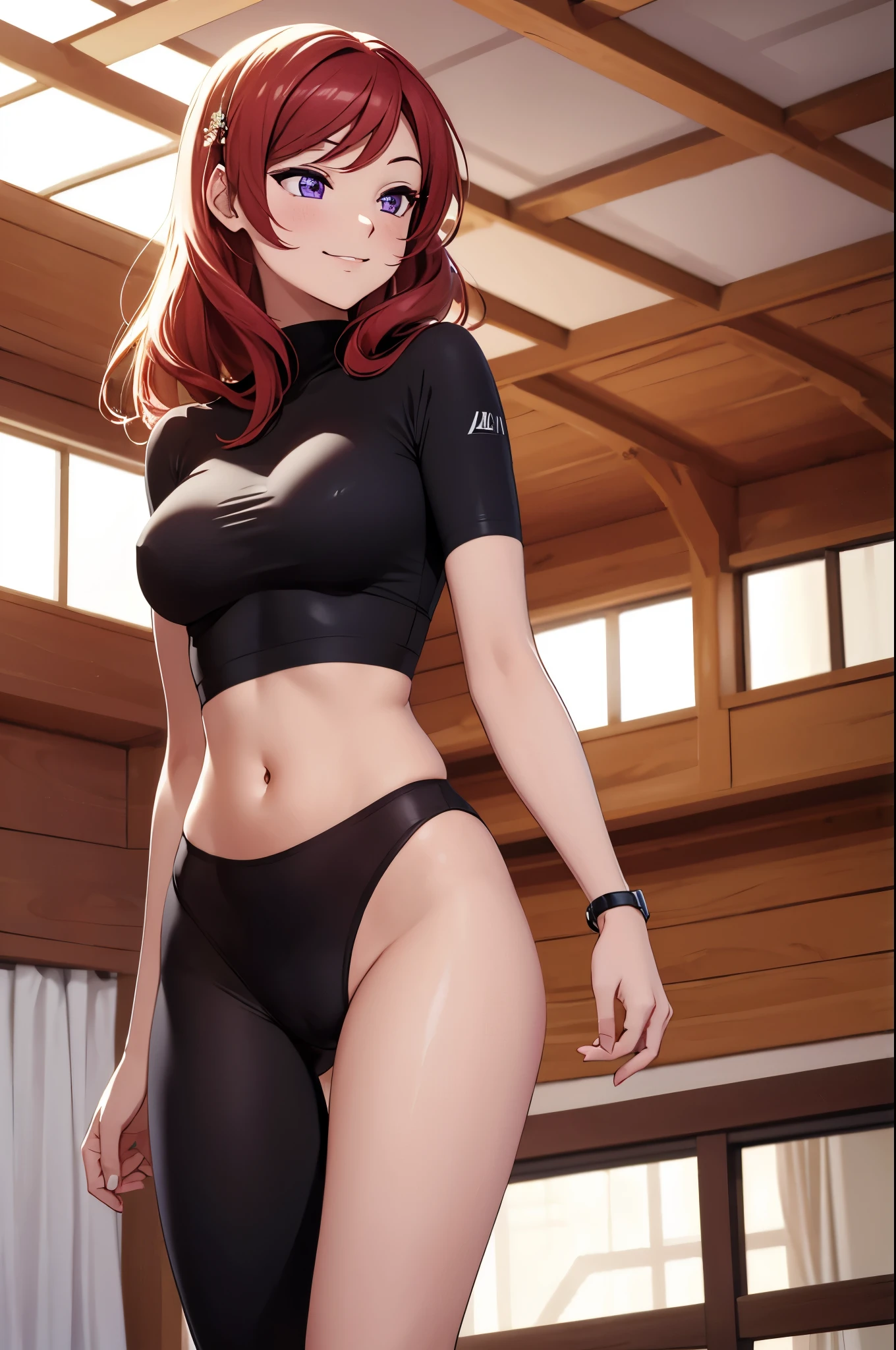 (best quality,4k,8k,highres,masterpiece:1.2), ultra-detailed, nishikino maki, purple eyes, yoga bra, yoga pants, standing , smile, cowboy shot, hair ornamen , indoors,camel toe